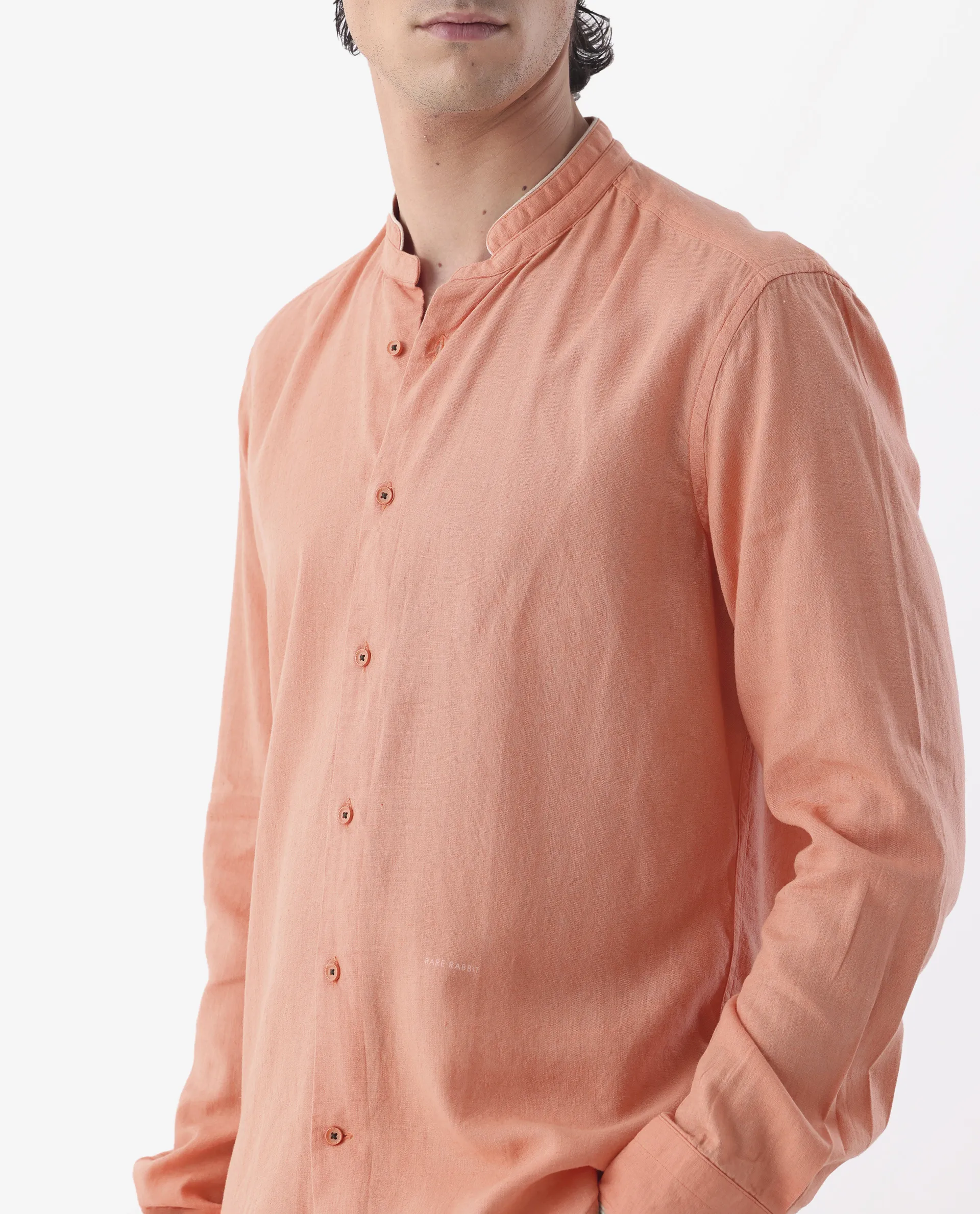 Rare Rabbit Men's Manderin Orange 100% Linen Plain Regular Fit Full Sleeve Mandarin Collar Shirt - Image 3