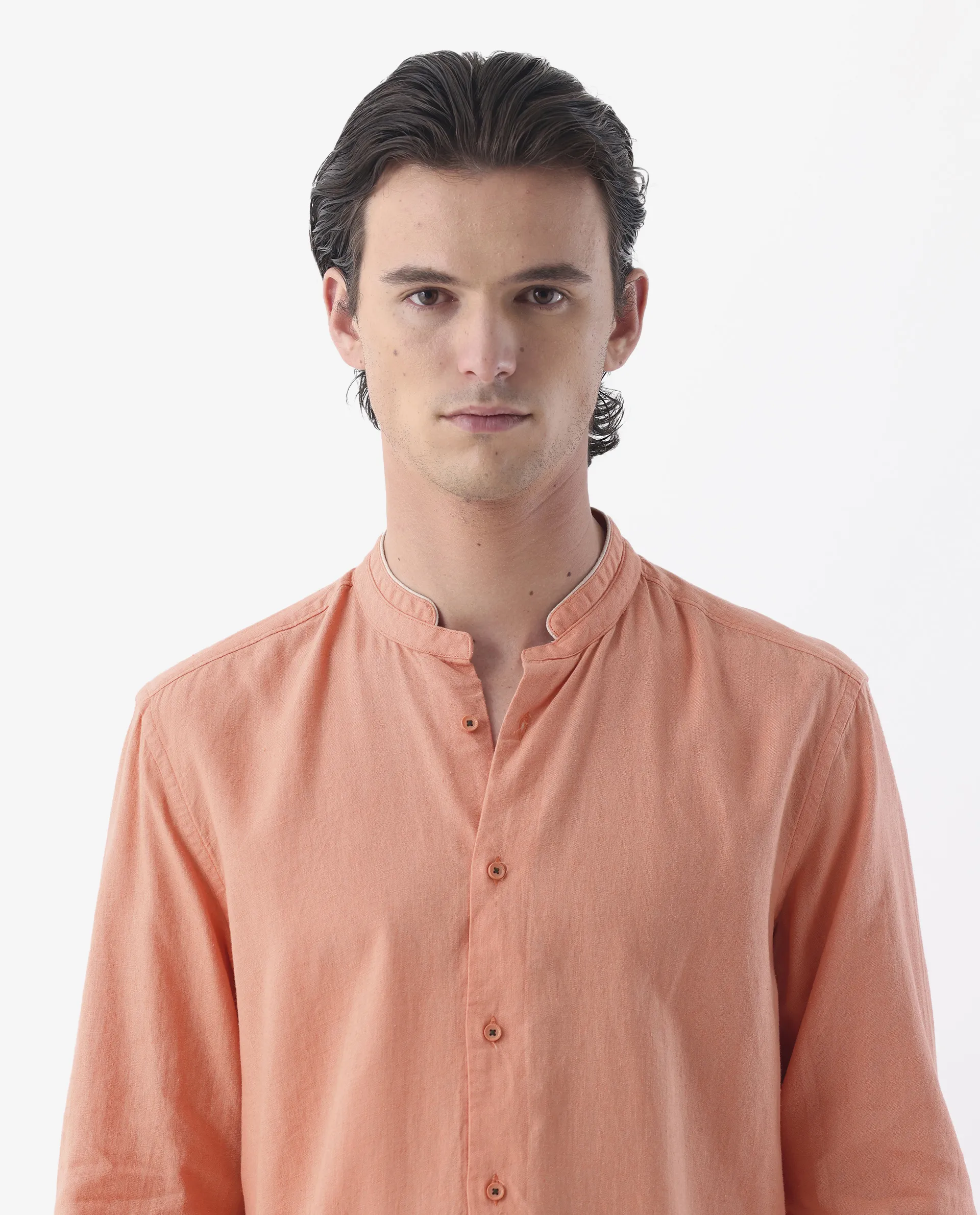 Rare Rabbit Men's Manderin Orange 100% Linen Plain Regular Fit Full Sleeve Mandarin Collar Shirt - Image 4