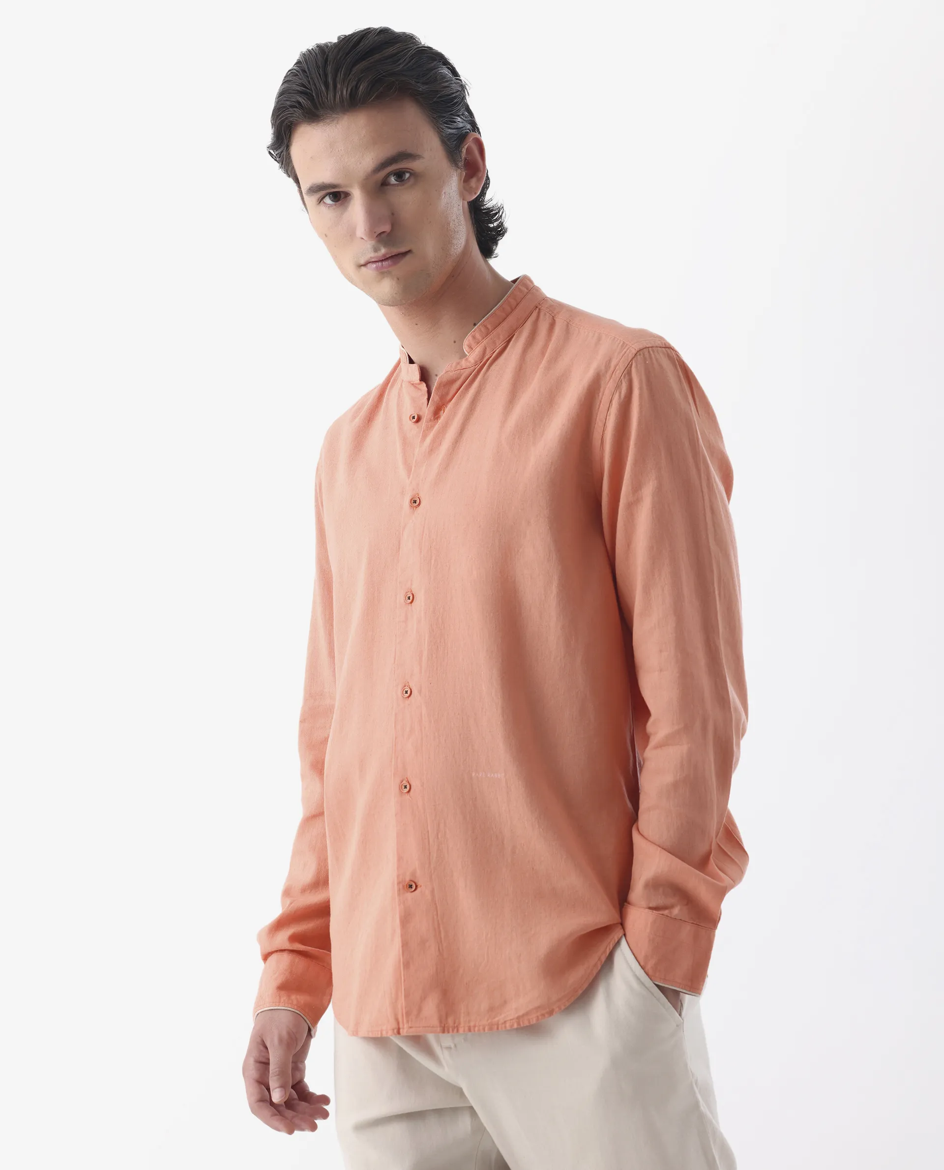 Rare Rabbit Men's Manderin Orange 100% Linen Plain Regular Fit Full Sleeve Mandarin Collar Shirt - Image 5