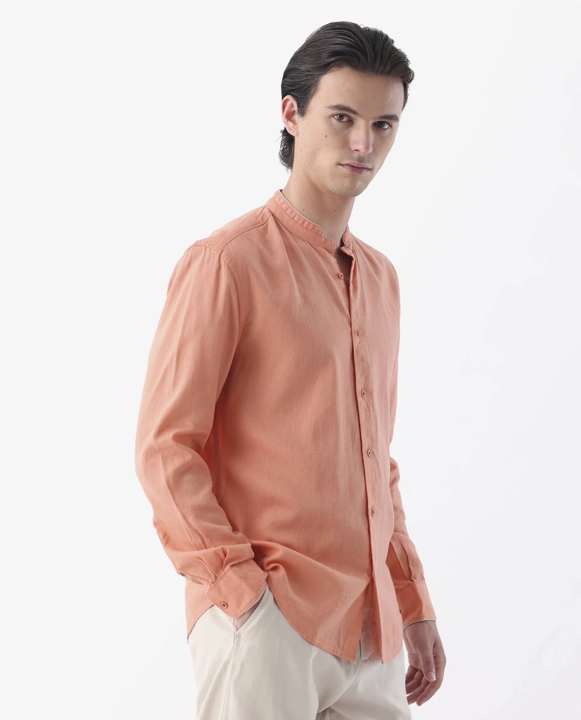 Rare Rabbit Men's Manderin Orange 100% Linen Plain Regular Fit Full Sleeve Mandarin Collar Shirt - Image 6