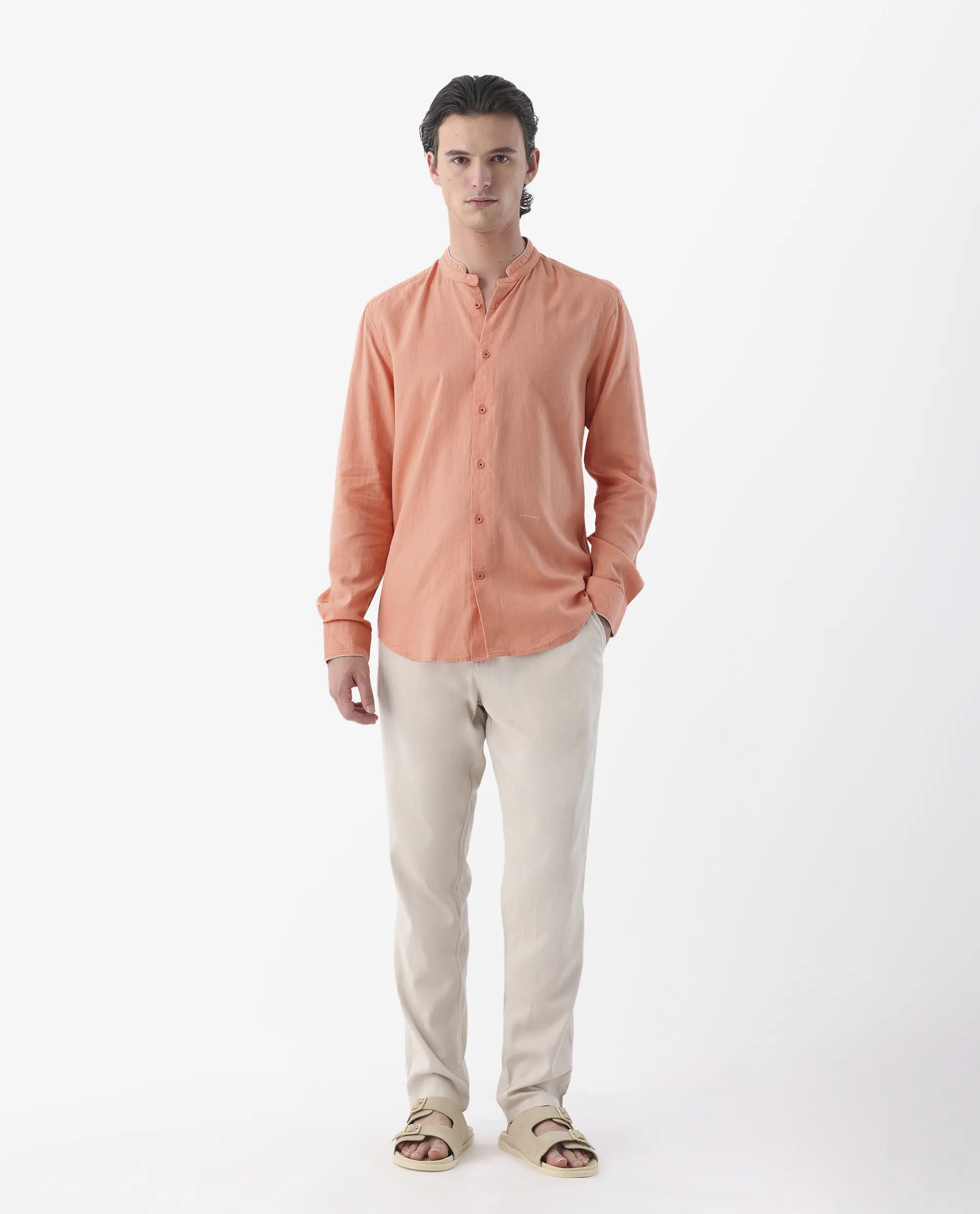 Rare Rabbit Men's Manderin Orange 100% Linen Plain Regular Fit Full Sleeve Mandarin Collar Shirt - Image 7