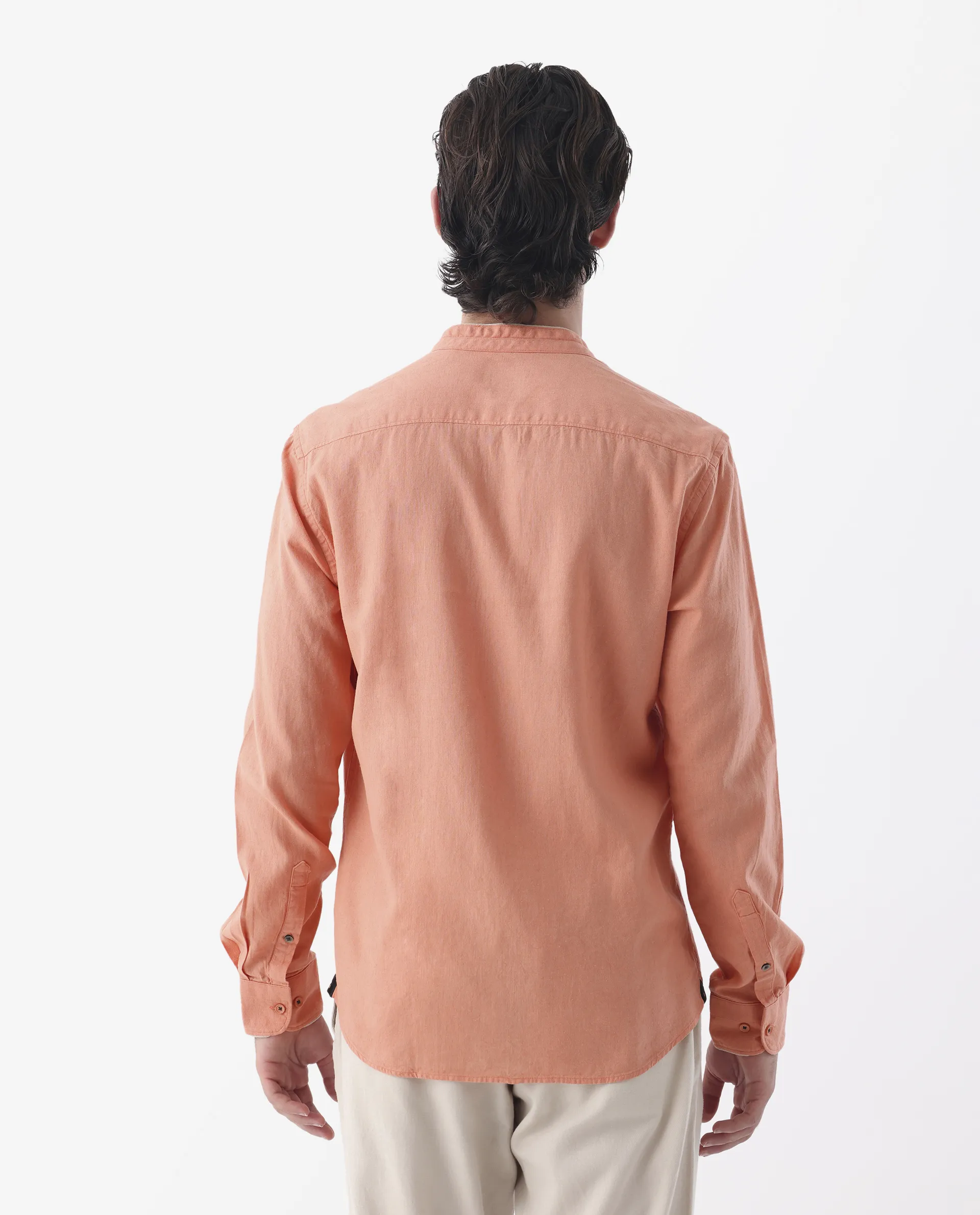 Rare Rabbit Men's Manderin Orange 100% Linen Plain Regular Fit Full Sleeve Mandarin Collar Shirt - Image 8