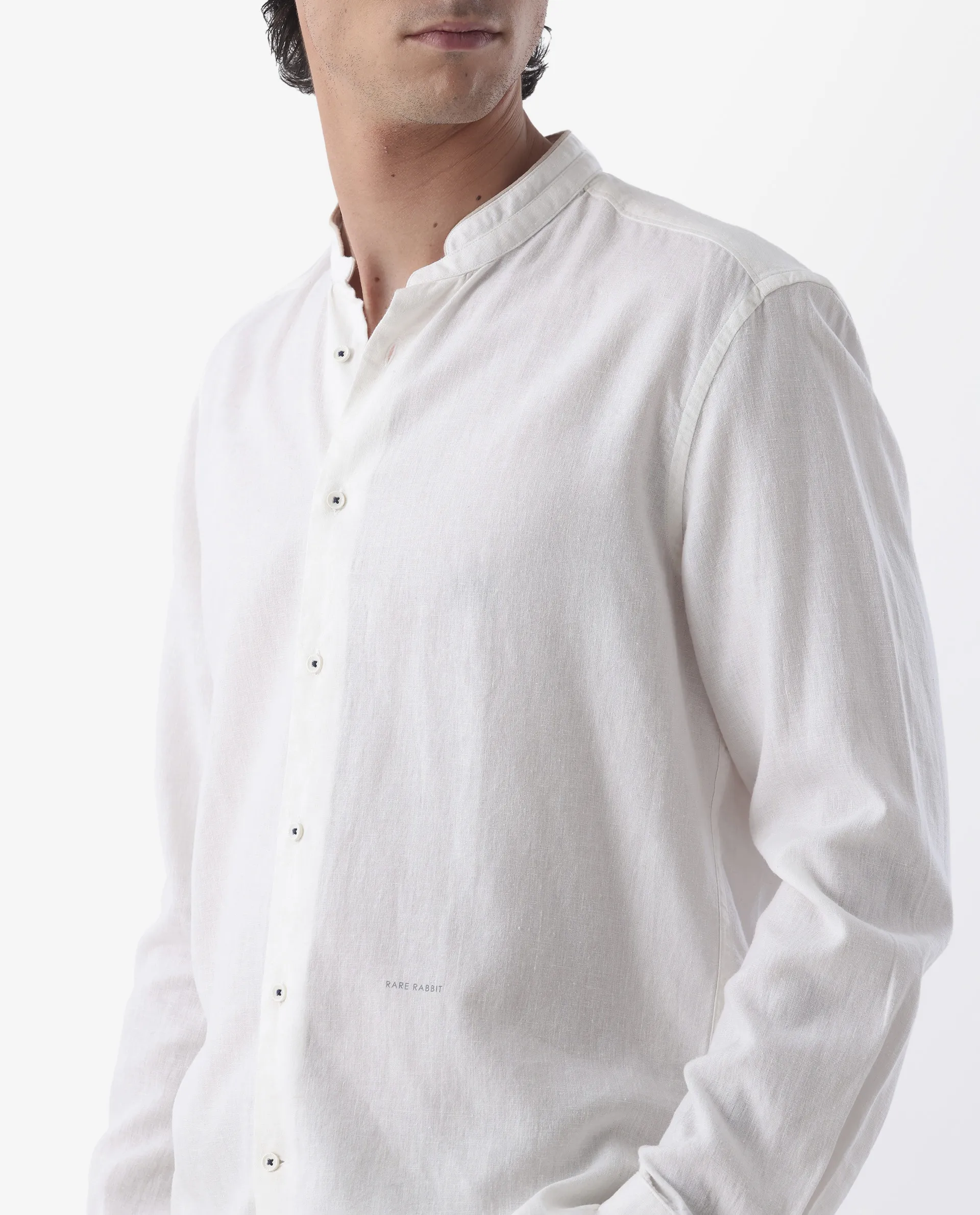 Rare Rabbit Men's Manderin White 100% Linen Plain Regular Fit Full Sleeve Mandarin Collar Shirt - Image 2