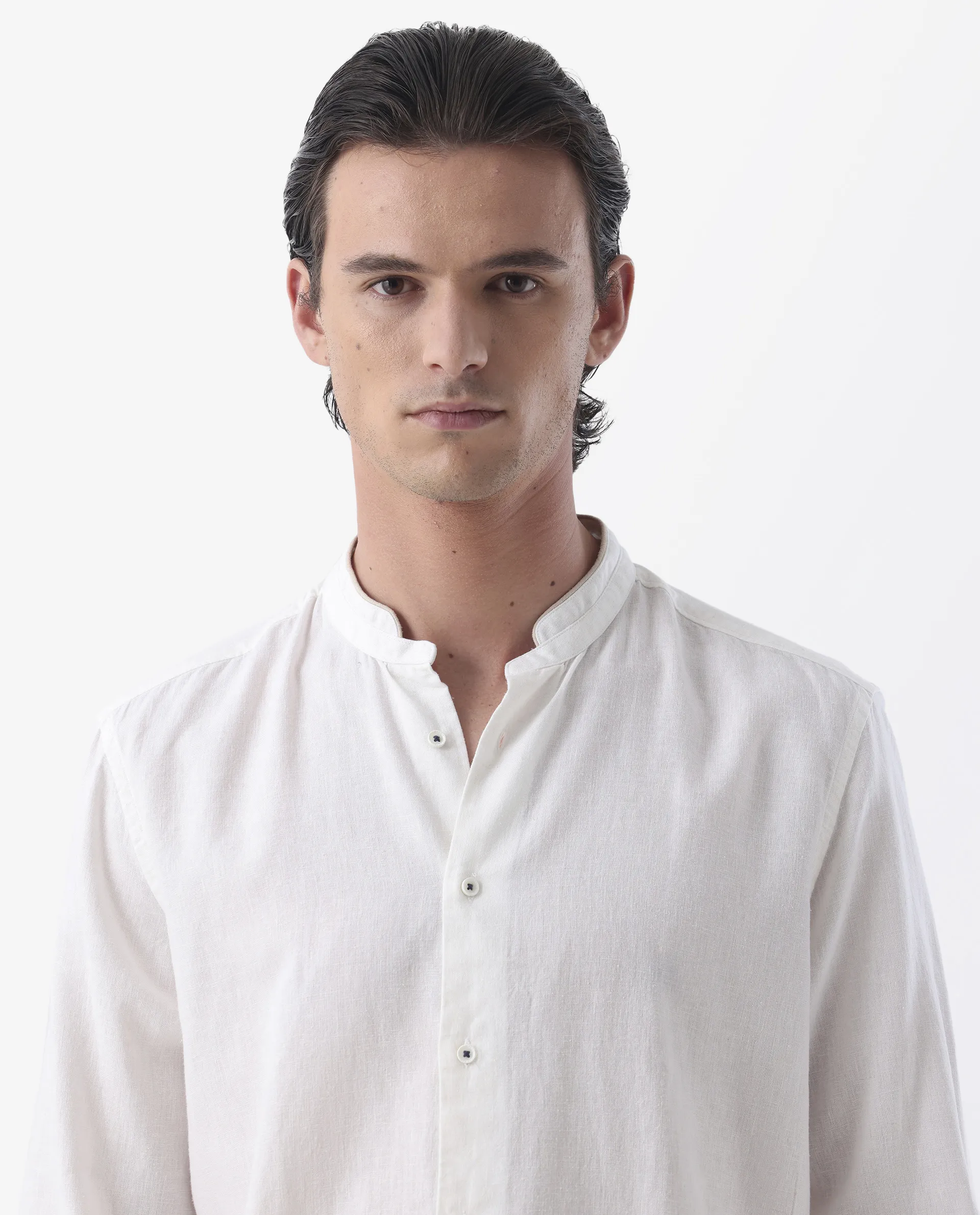 Rare Rabbit Men's Manderin White 100% Linen Plain Regular Fit Full Sleeve Mandarin Collar Shirt - Image 3