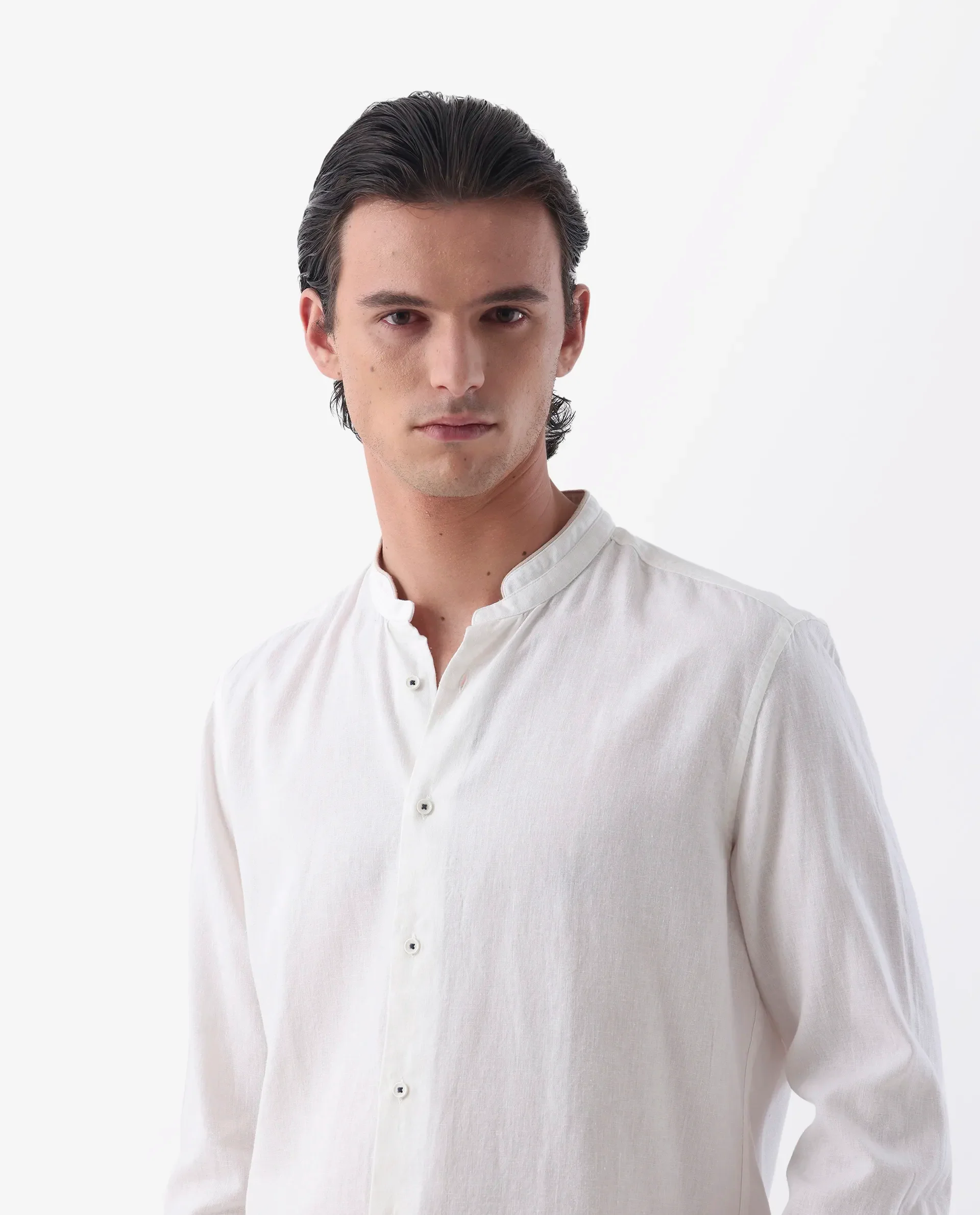 Rare Rabbit Men's Manderin White 100% Linen Plain Regular Fit Full Sleeve Mandarin Collar Shirt - Image 4
