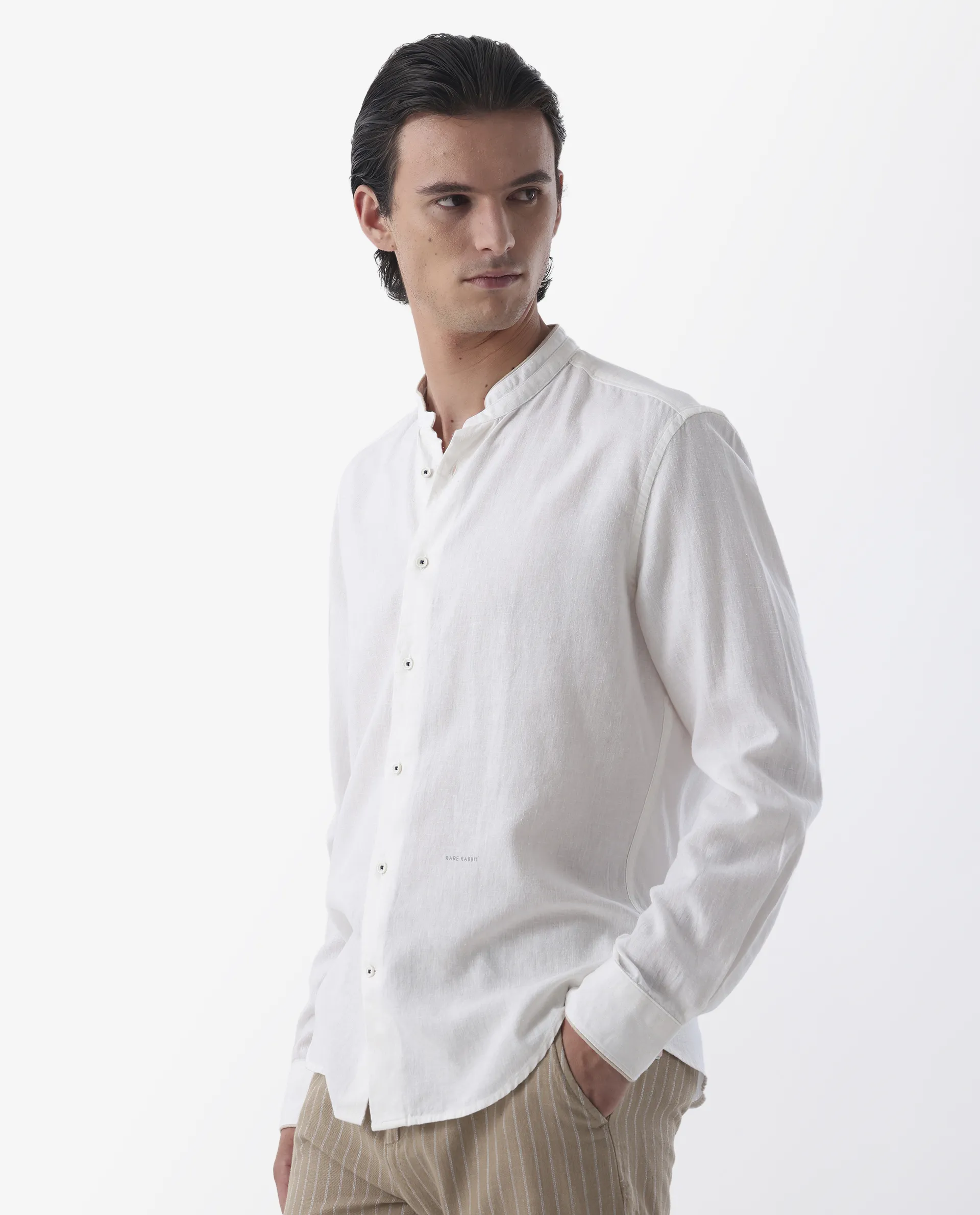 Rare Rabbit Men's Manderin White 100% Linen Plain Regular Fit Full Sleeve Mandarin Collar Shirt - Image 5