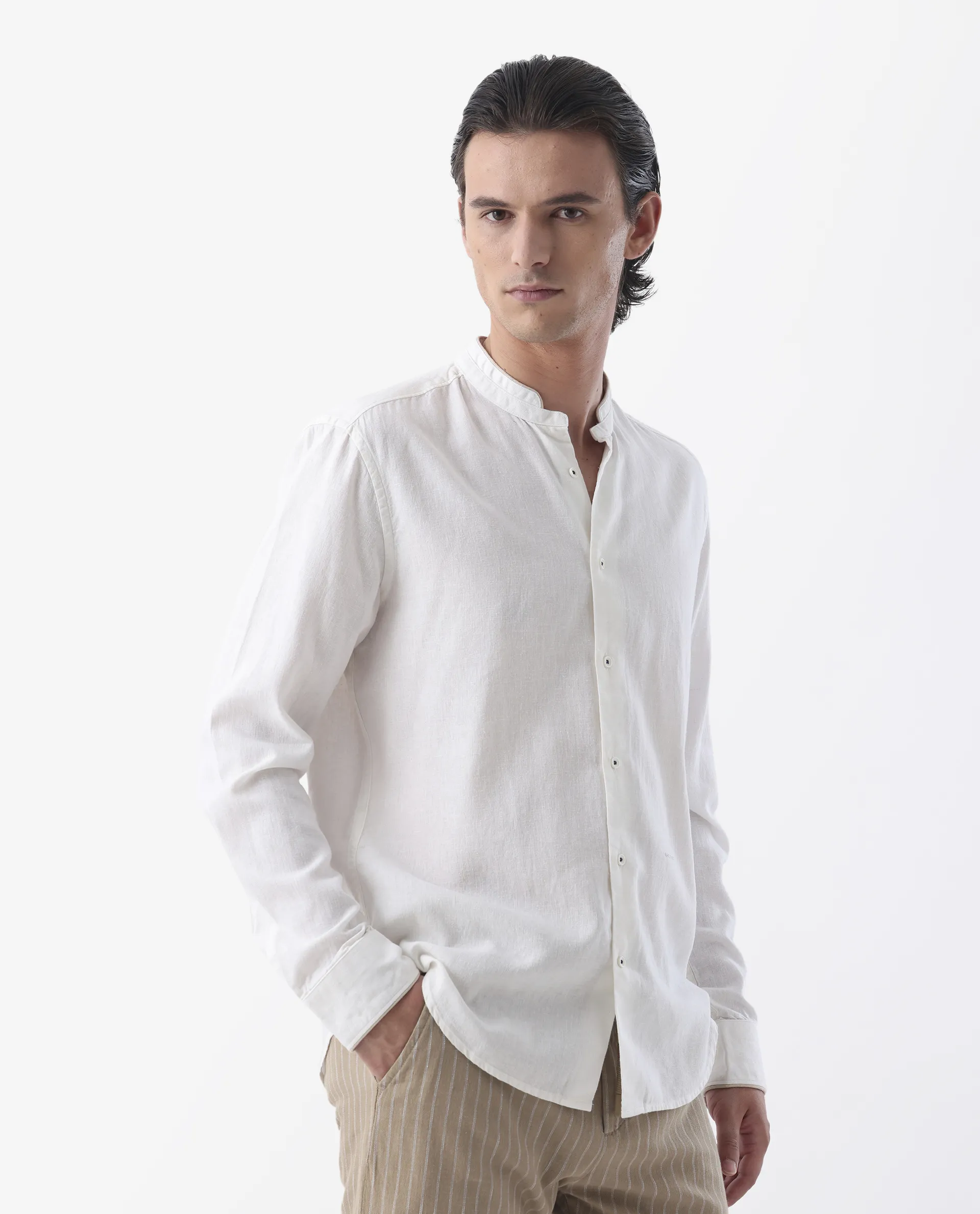 Rare Rabbit Men's Manderin White 100% Linen Plain Regular Fit Full Sleeve Mandarin Collar Shirt - Image 6