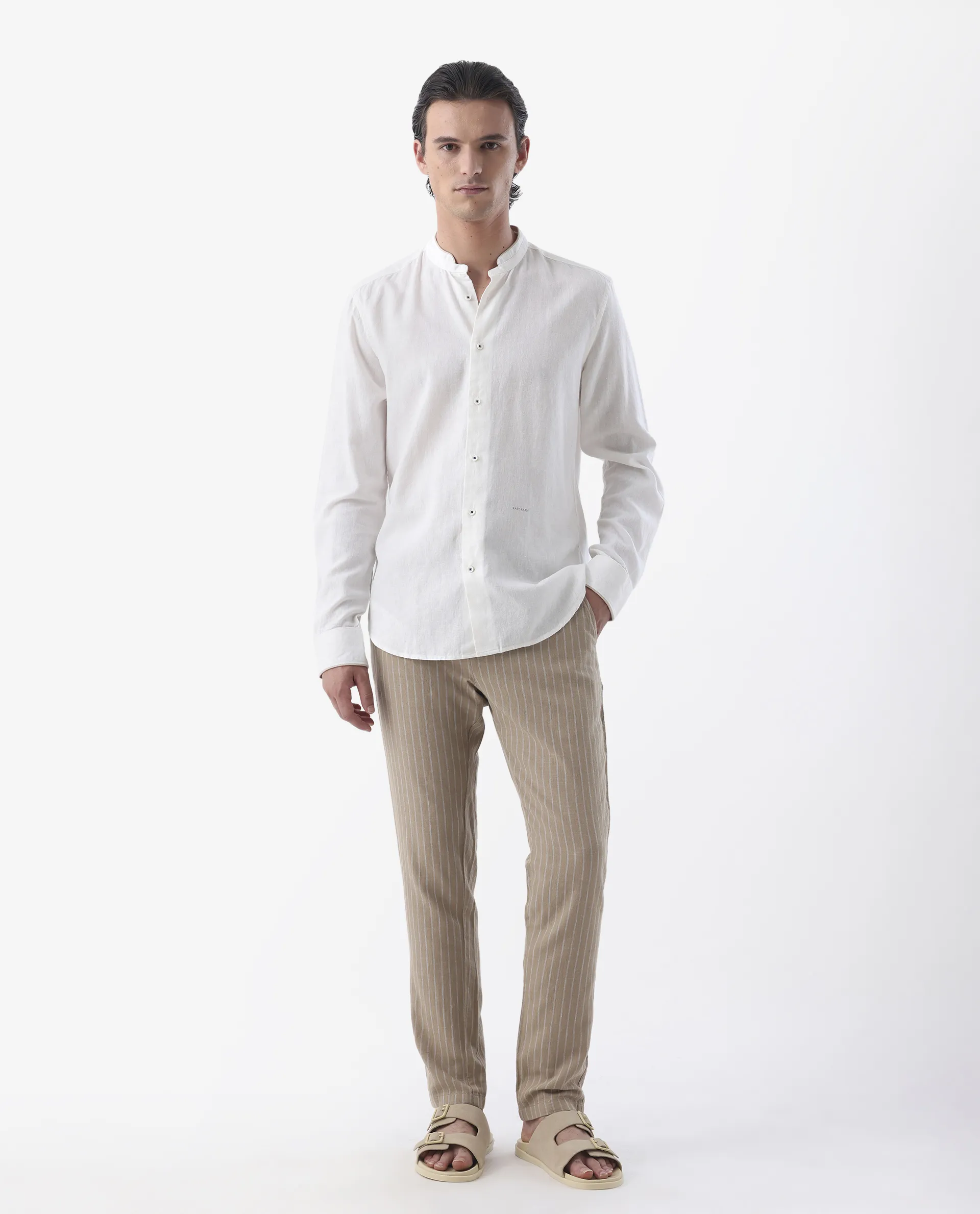 Rare Rabbit Men's Manderin White 100% Linen Plain Regular Fit Full Sleeve Mandarin Collar Shirt - Image 7