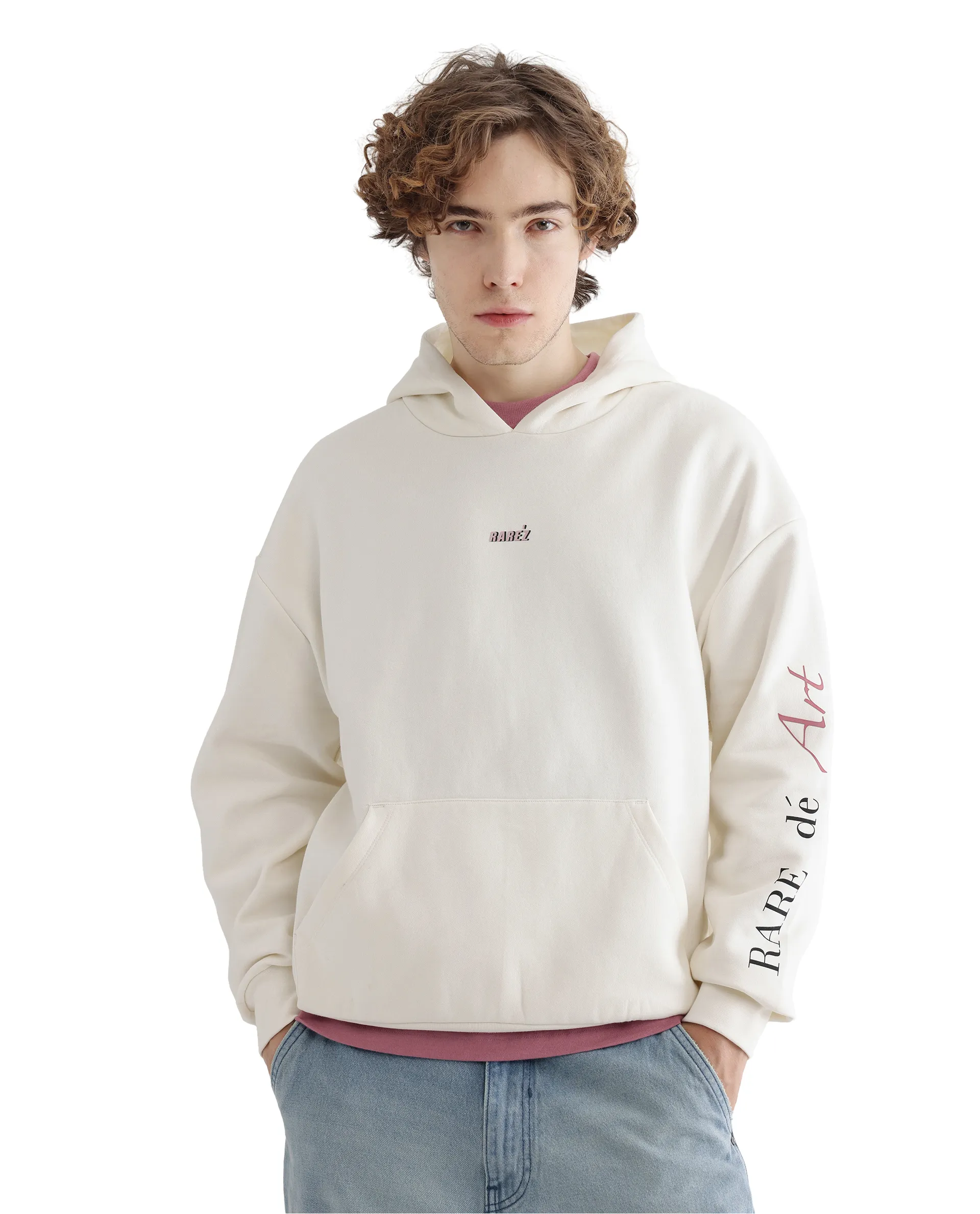 Rare Rabbit Men's Maner Off White Cotton Blend Graphic Print Boxy Fit Full Sleeve Hooded Sweatshirt - Image 2