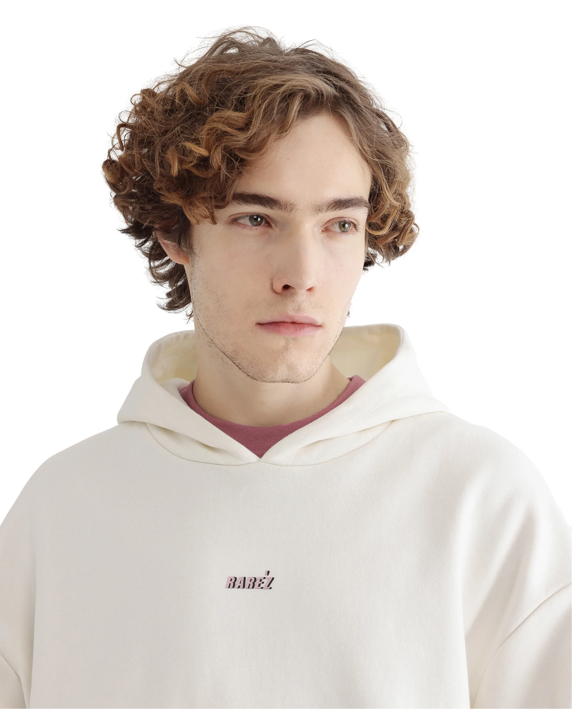 Rare Rabbit Men's Maner Off White Cotton Blend Graphic Print Boxy Fit Full Sleeve Hooded Sweatshirt - Image 3