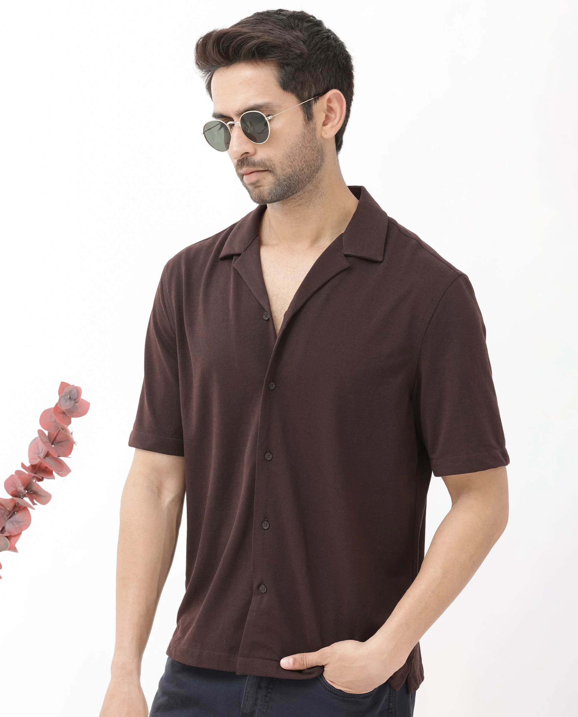 Rare Rabbit Men's Manga Dark Maroon Cotton Plain Regular Fit Half Sleeve Cuban Collar Shirt - Image 4