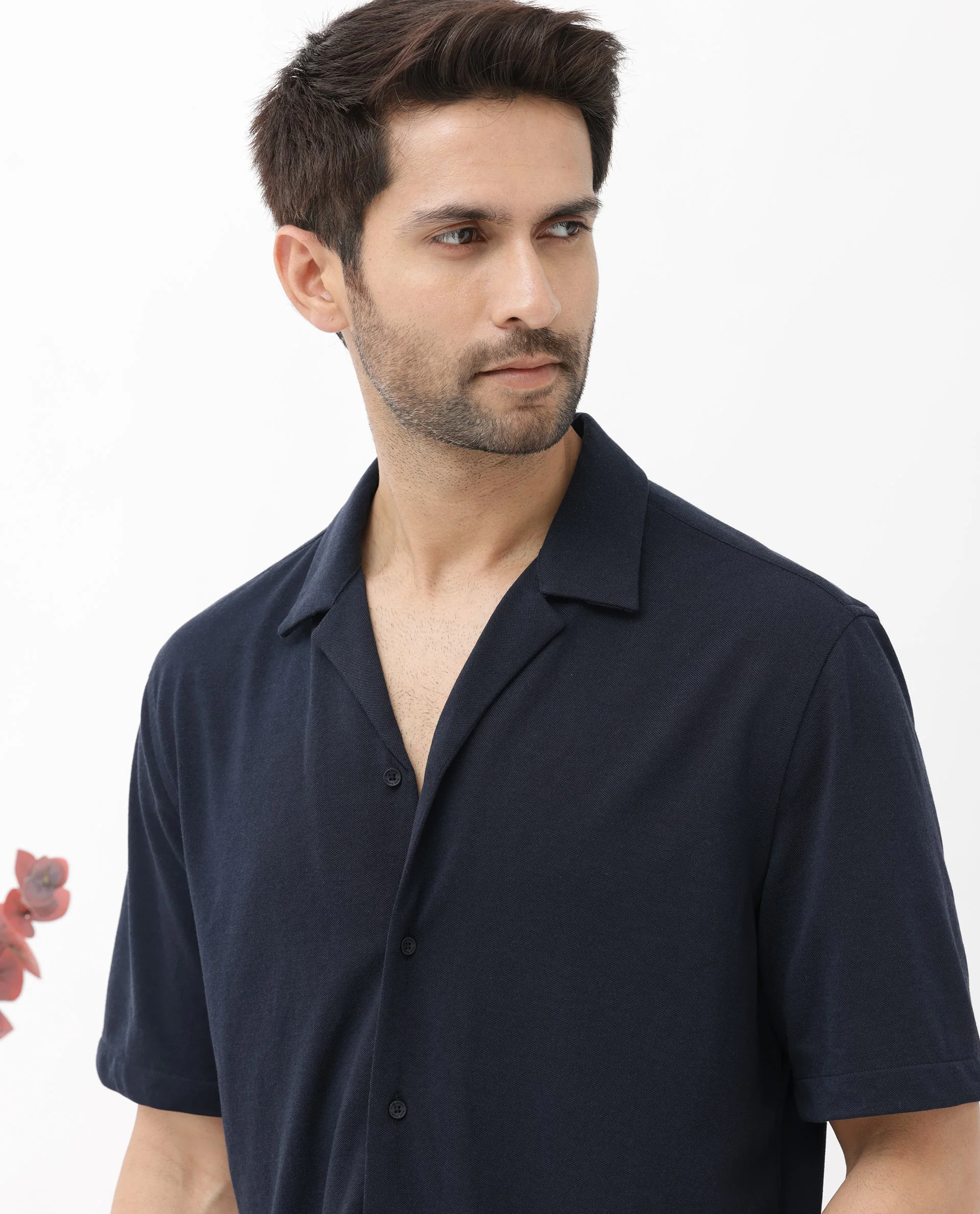 Rare Rabbit Men's Manga Navy Cotton Plain Regular Fit Half Sleeve Cuban Collar Shirt - Image 2