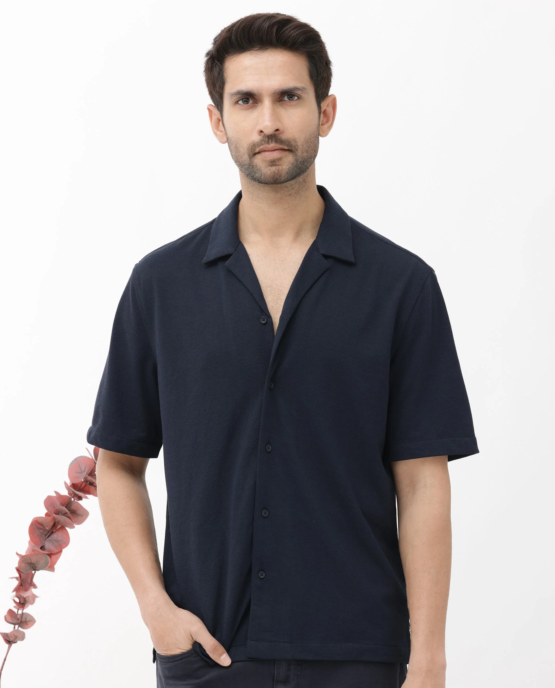 Rare Rabbit Men's Manga Navy Cotton Plain Regular Fit Half Sleeve Cuban Collar Shirt - Image 4
