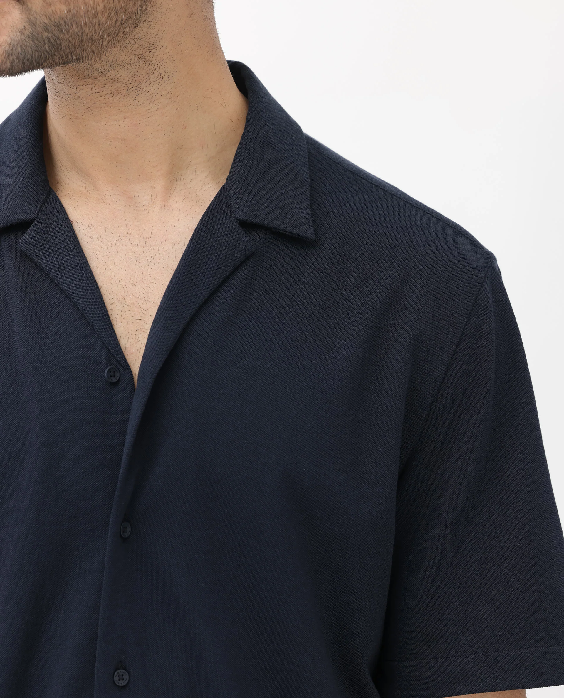 Rare Rabbit Men's Manga Navy Cotton Plain Regular Fit Half Sleeve Cuban Collar Shirt - Image 5