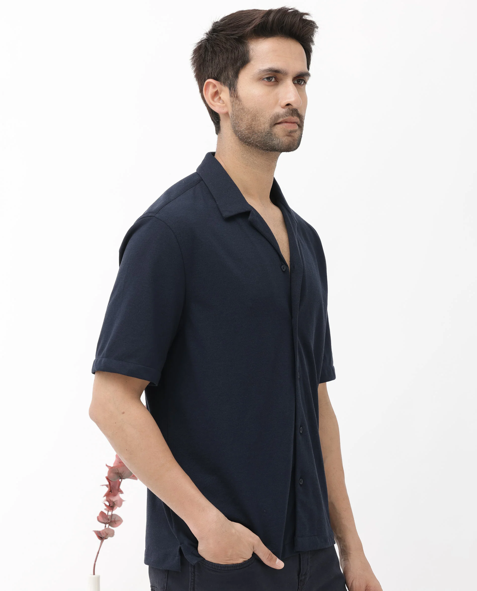Rare Rabbit Men's Manga Navy Cotton Plain Regular Fit Half Sleeve Cuban Collar Shirt - Image 6