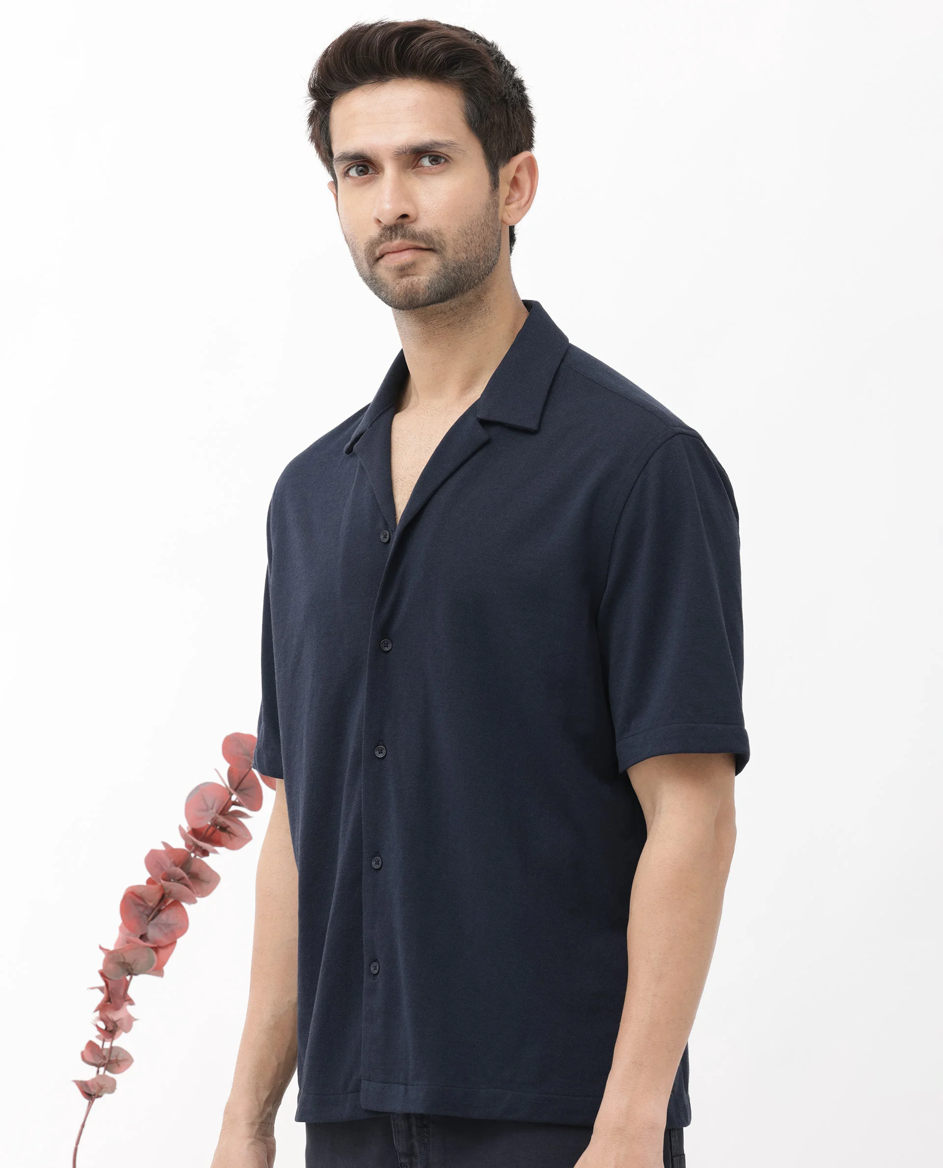Rare Rabbit Men's Manga Navy Cotton Plain Regular Fit Half Sleeve Cuban Collar Shirt - Image 7