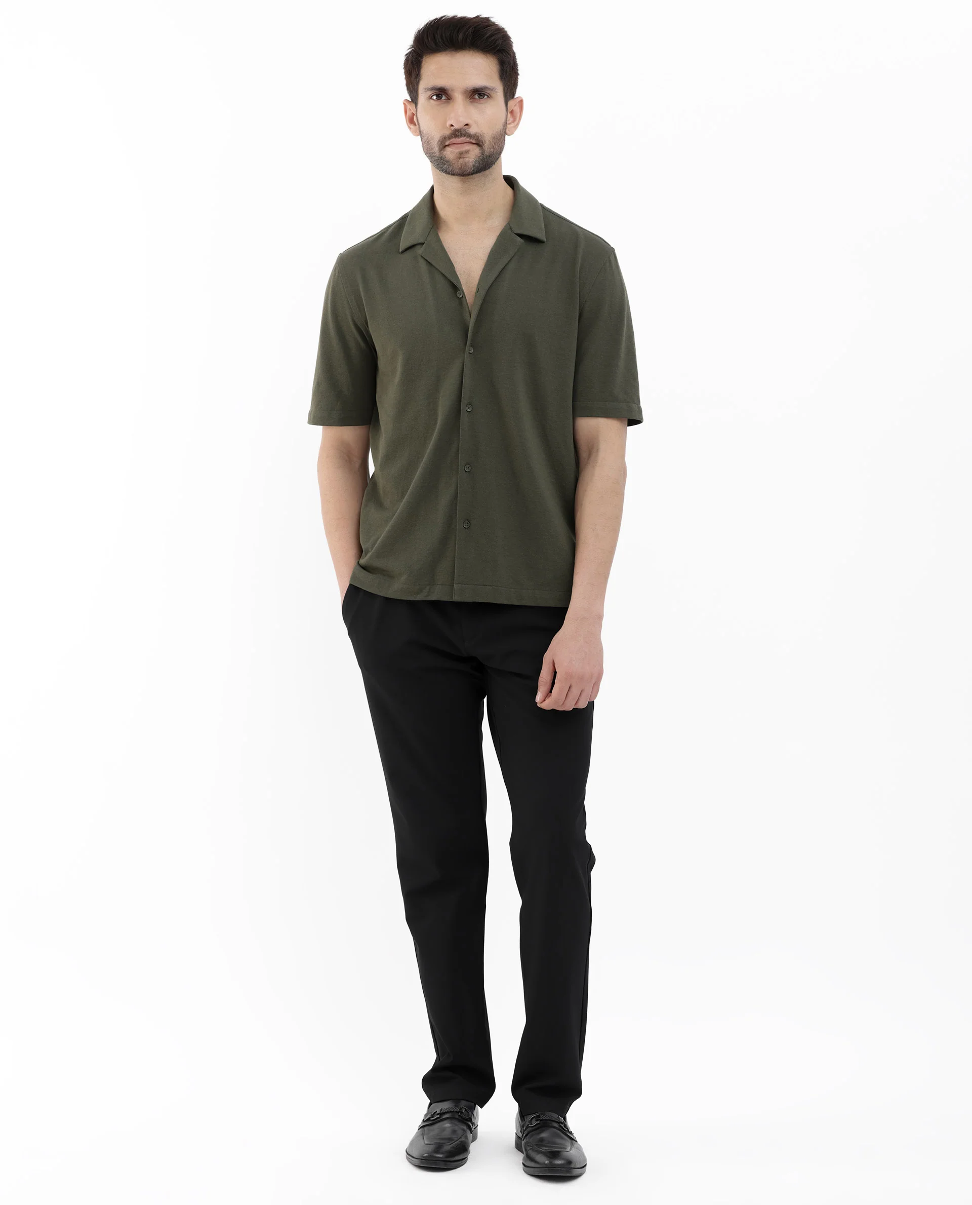 Rare Rabbit Men's Manga Olive Cotton Plain Regular Fit Half Sleeve Cuban Collar Shirt - Image 2