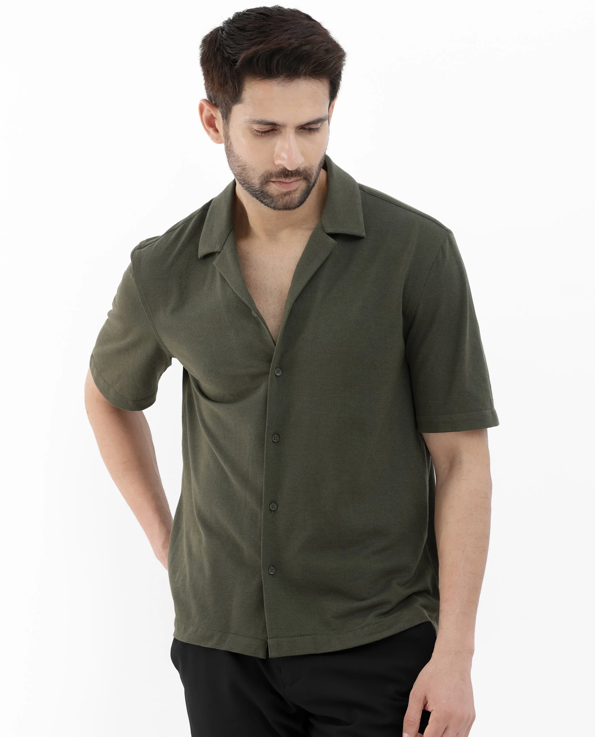Rare Rabbit Men's Manga Olive Cotton Plain Regular Fit Half Sleeve Cuban Collar Shirt - Image 3