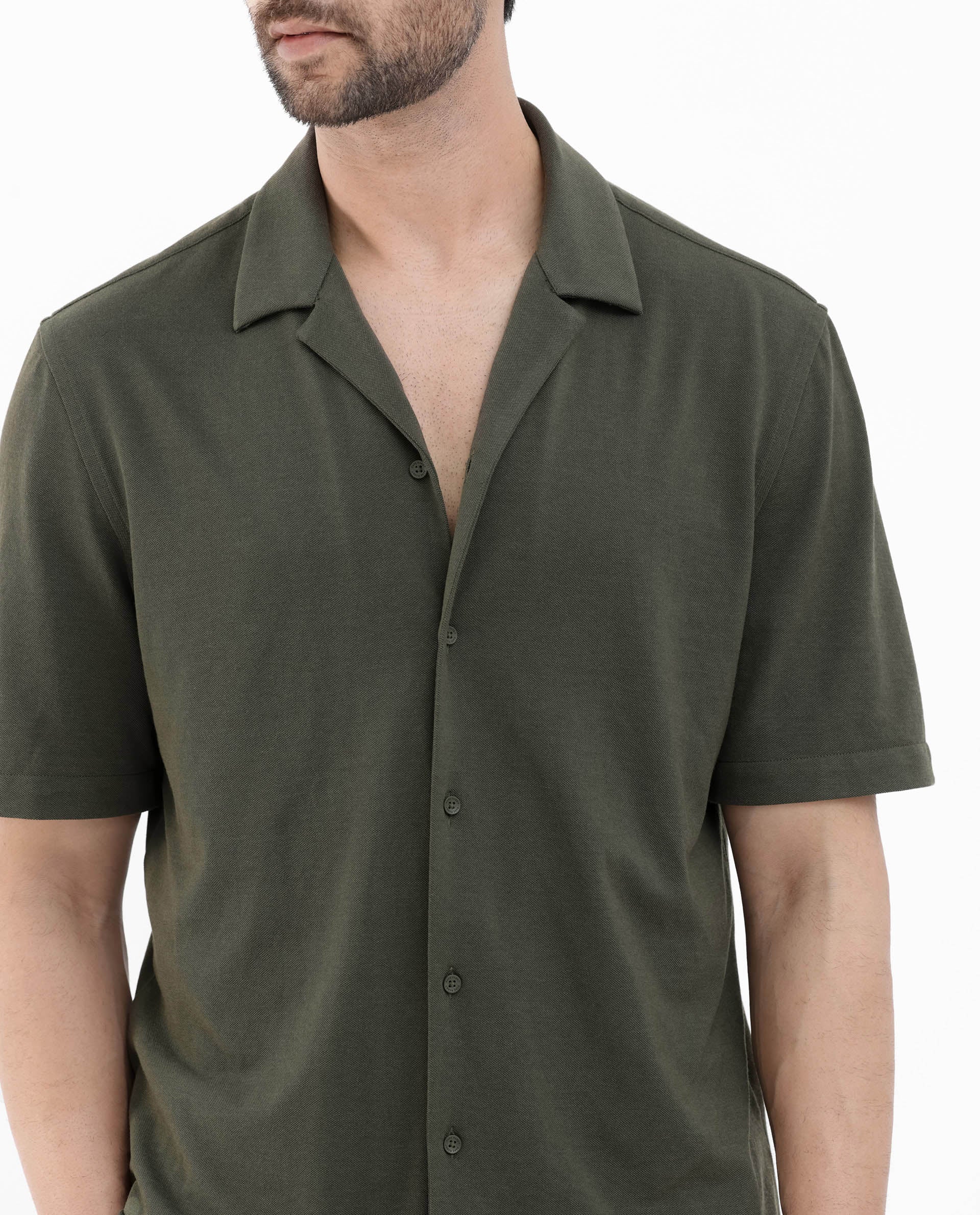 Rare Rabbit Men's Manga Olive Cotton Plain Regular Fit Half Sleeve Cuban Collar Shirt - Image 4