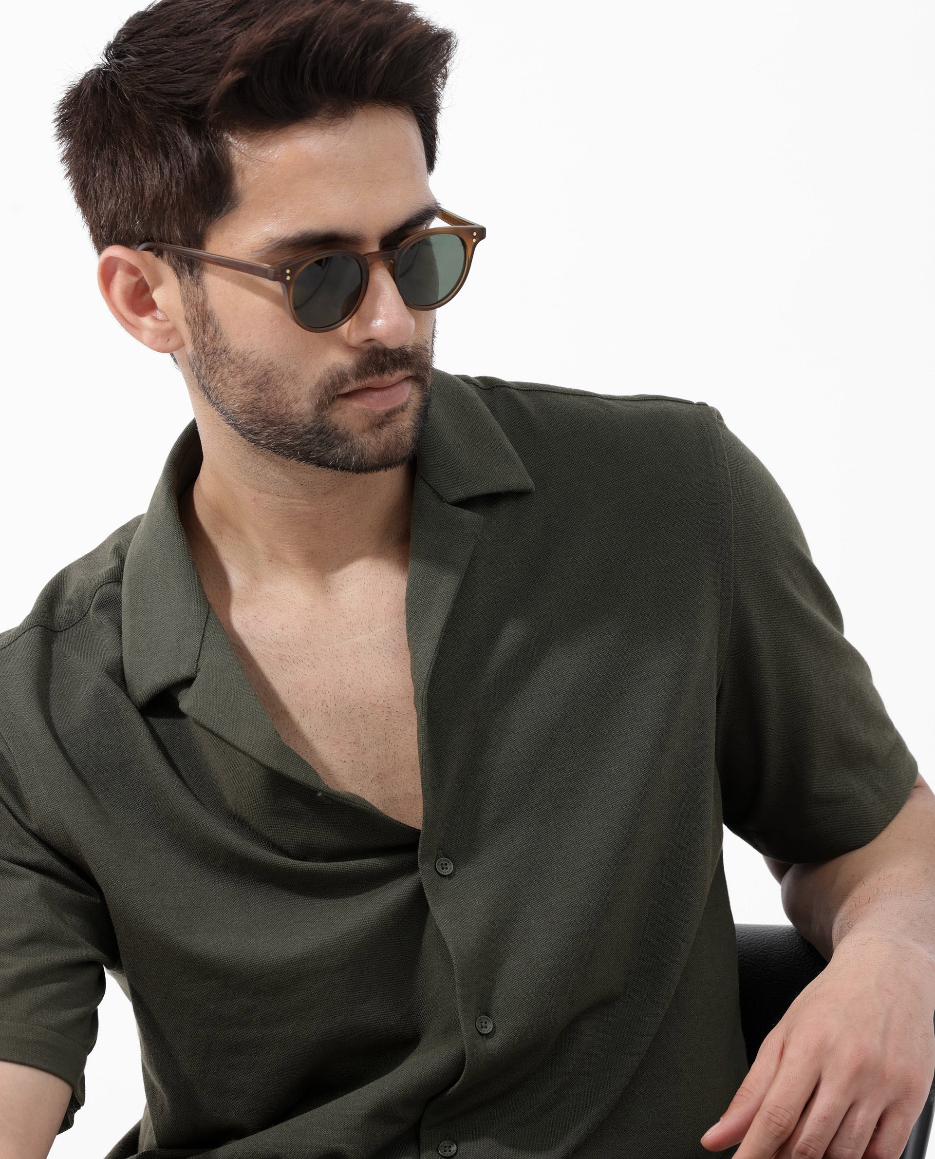 Rare Rabbit Men's Manga Olive Cotton Plain Regular Fit Half Sleeve Cuban Collar Shirt - Image 5