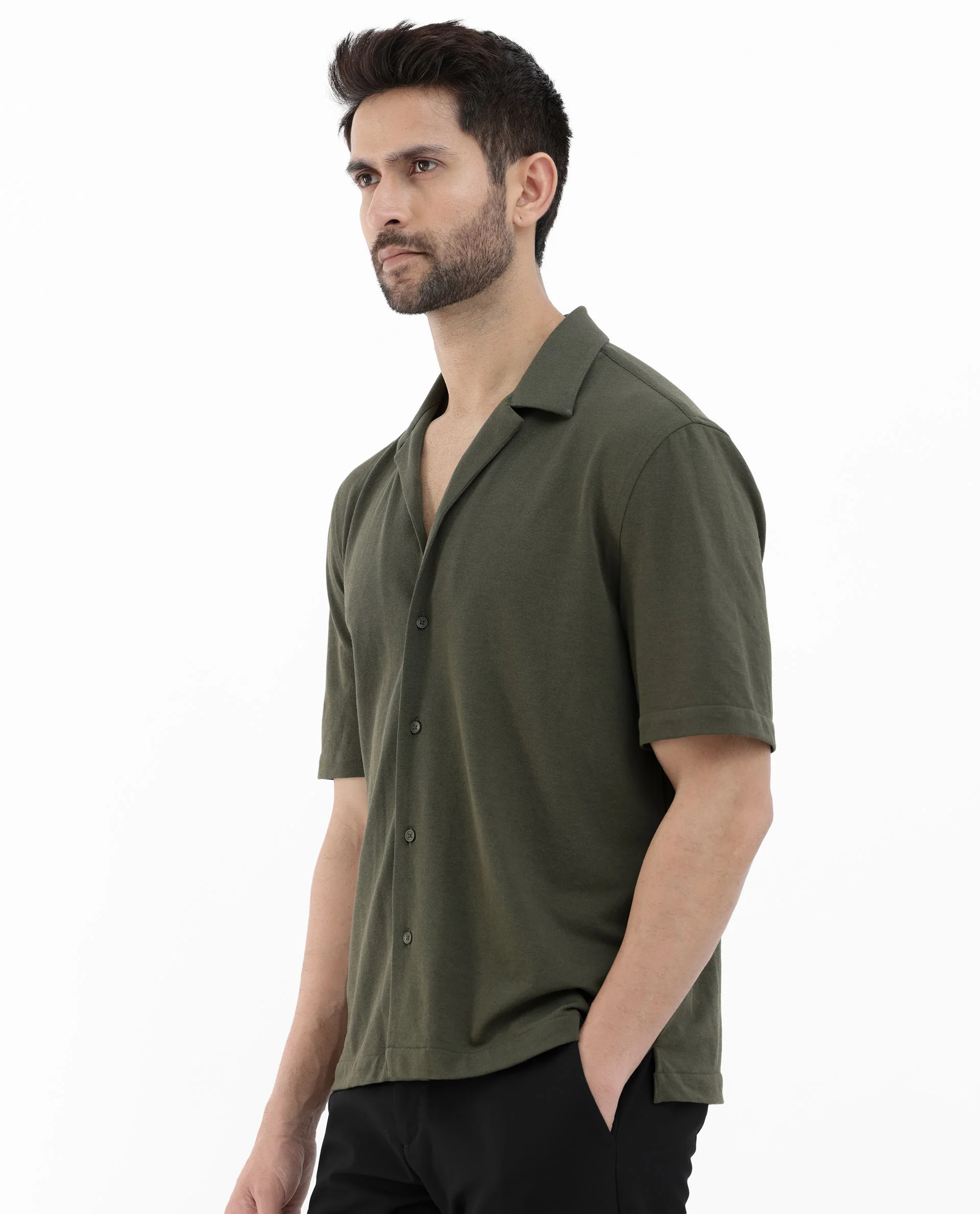 Rare Rabbit Men's Manga Olive Cotton Plain Regular Fit Half Sleeve Cuban Collar Shirt - Image 7