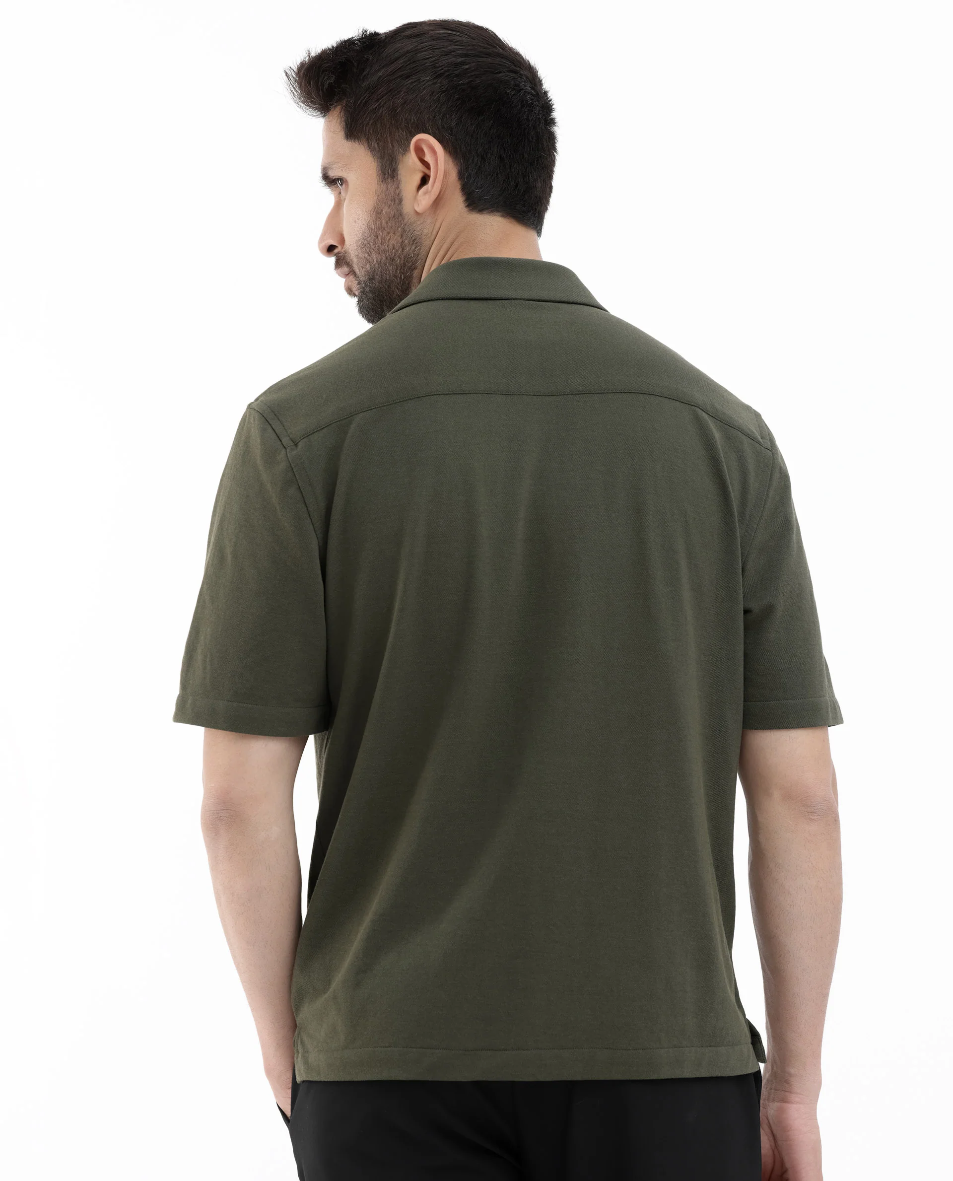 Rare Rabbit Men's Manga Olive Cotton Plain Regular Fit Half Sleeve Cuban Collar Shirt - Image 8
