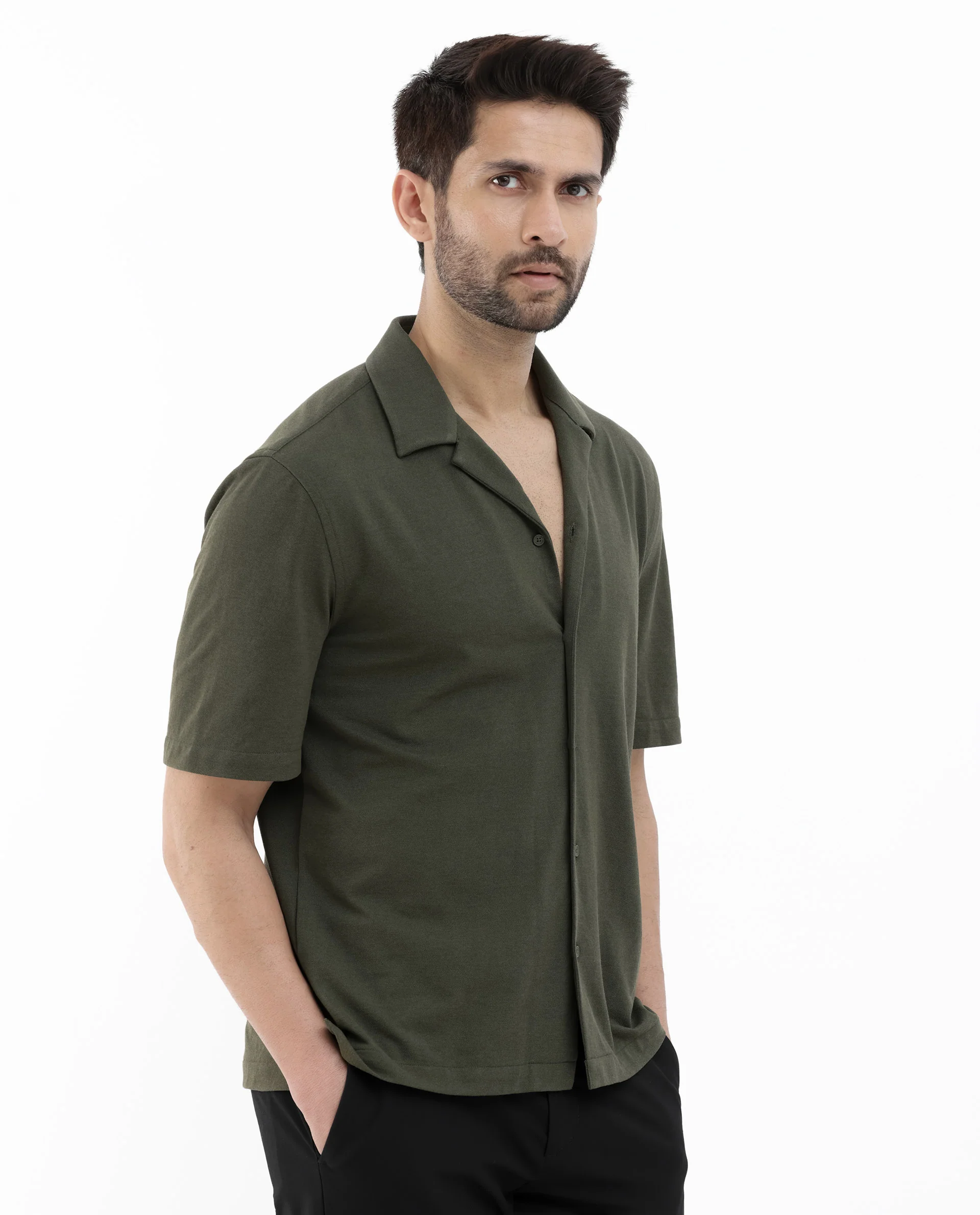 Rare Rabbit Men's Manga Olive Cotton Plain Regular Fit Half Sleeve Cuban Collar Shirt - Image 9
