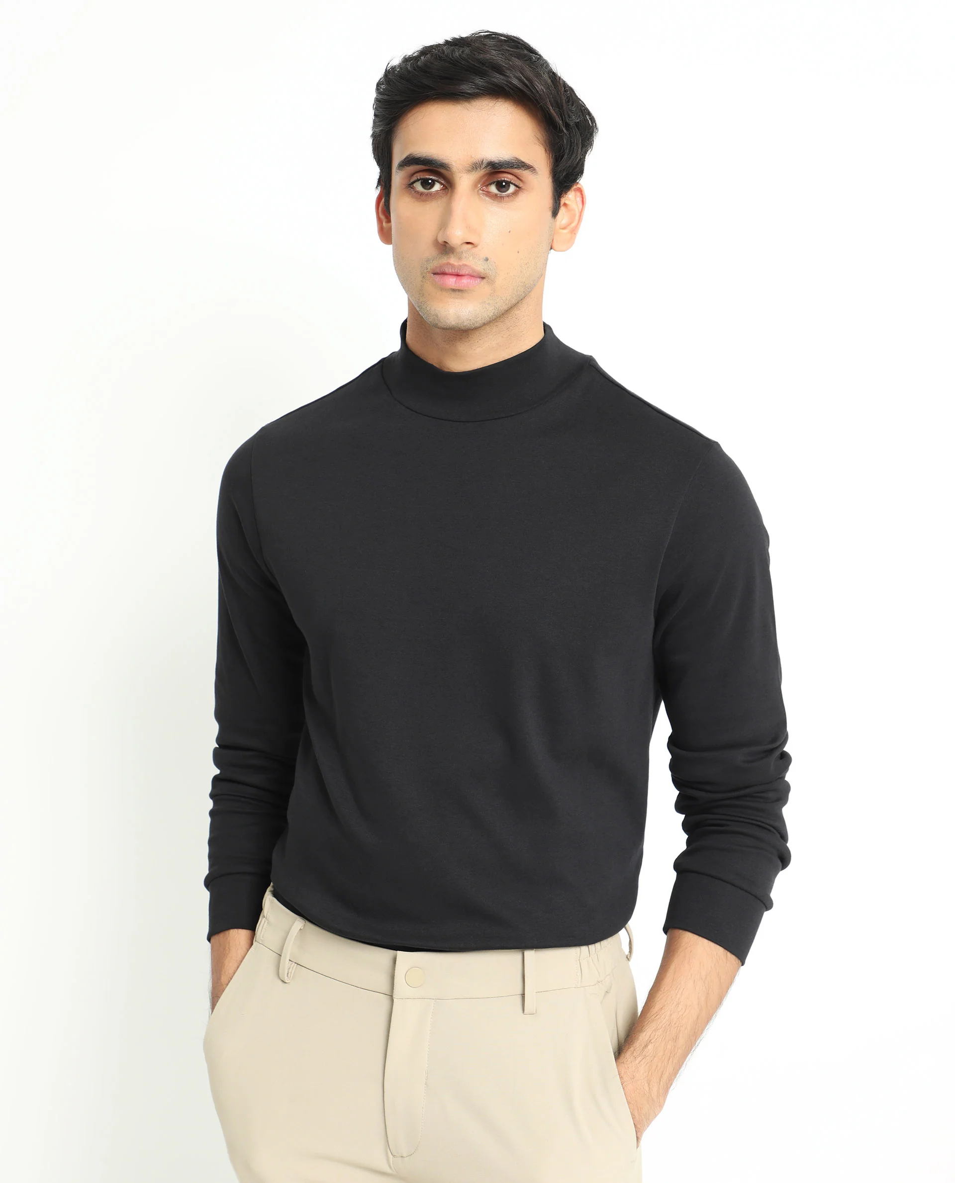 Rare Rabbit Men's Mania Black Cotton Plain Regular Fit Full Sleeve High Neck Sweatshirt