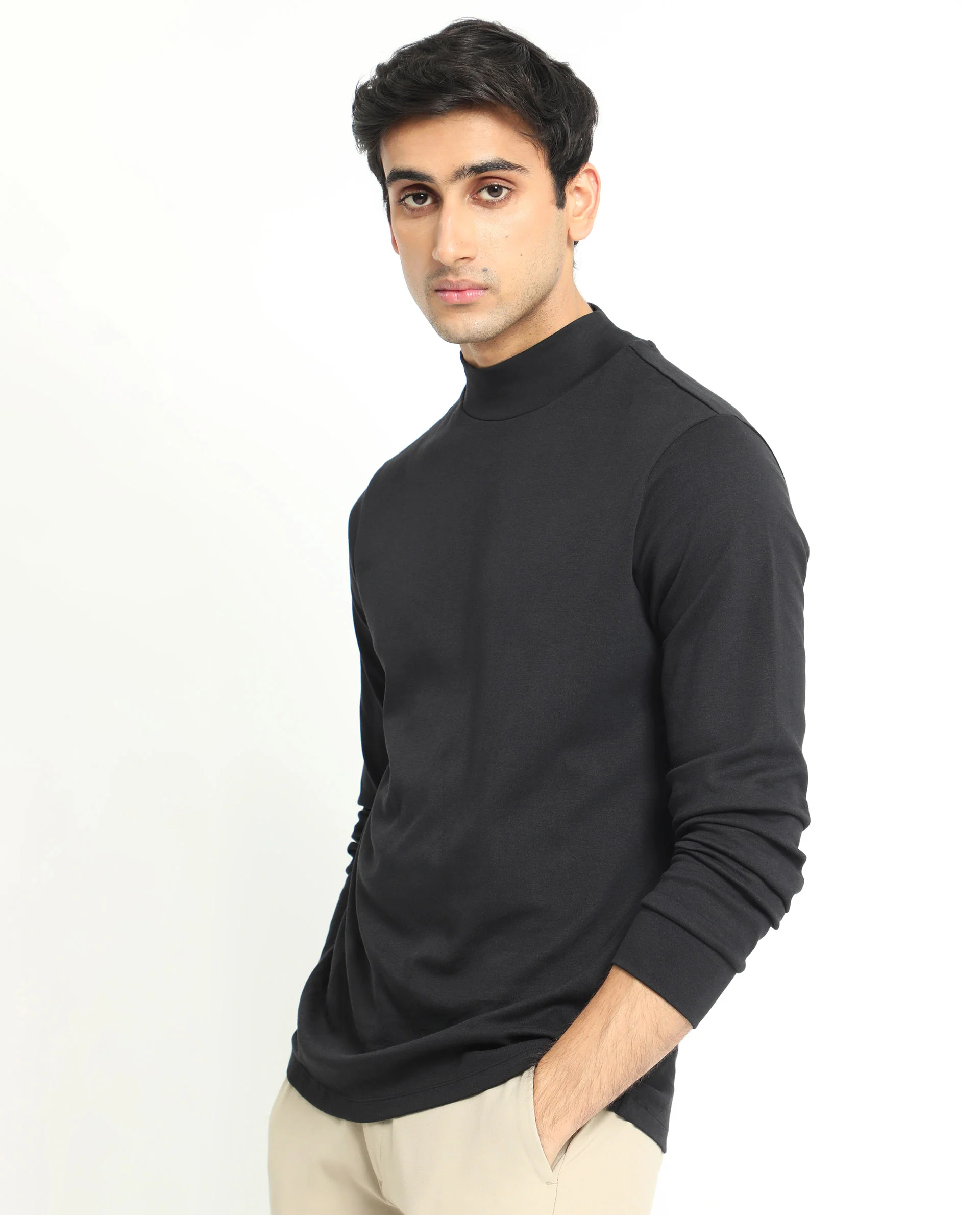 Rare Rabbit Men's Mania Black Cotton Plain Regular Fit Full Sleeve High Neck Sweatshirt - Image 4