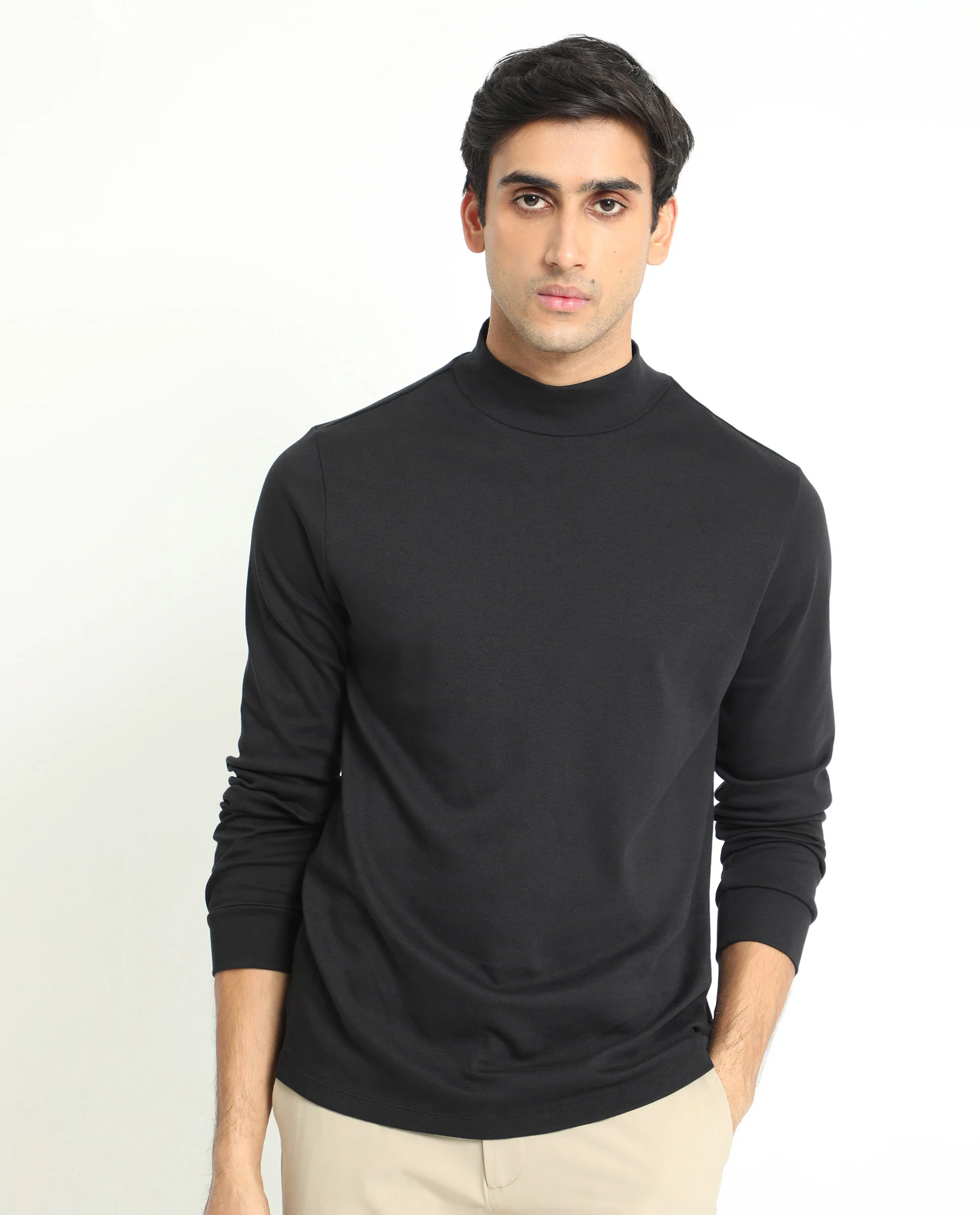 Rare Rabbit Men's Mania Black Cotton Plain Regular Fit Full Sleeve High Neck Sweatshirt - Image 7