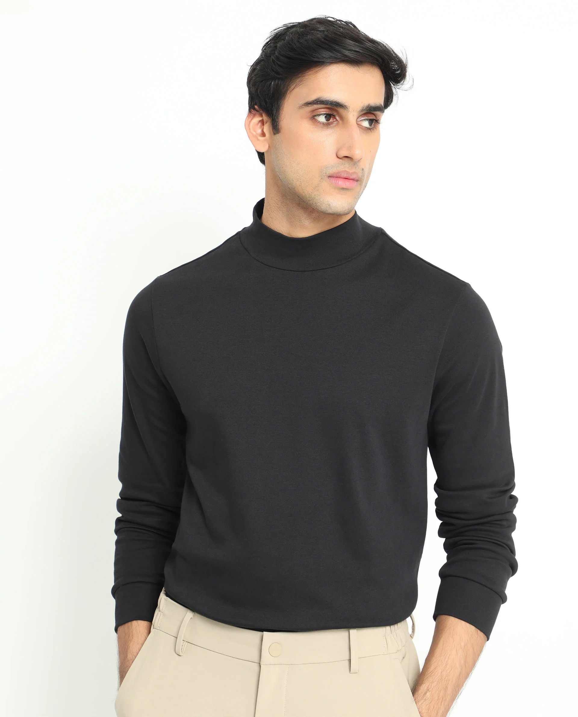 Rare Rabbit Men's Mania Black Cotton Plain Regular Fit Full Sleeve High Neck Sweatshirt - Image 8
