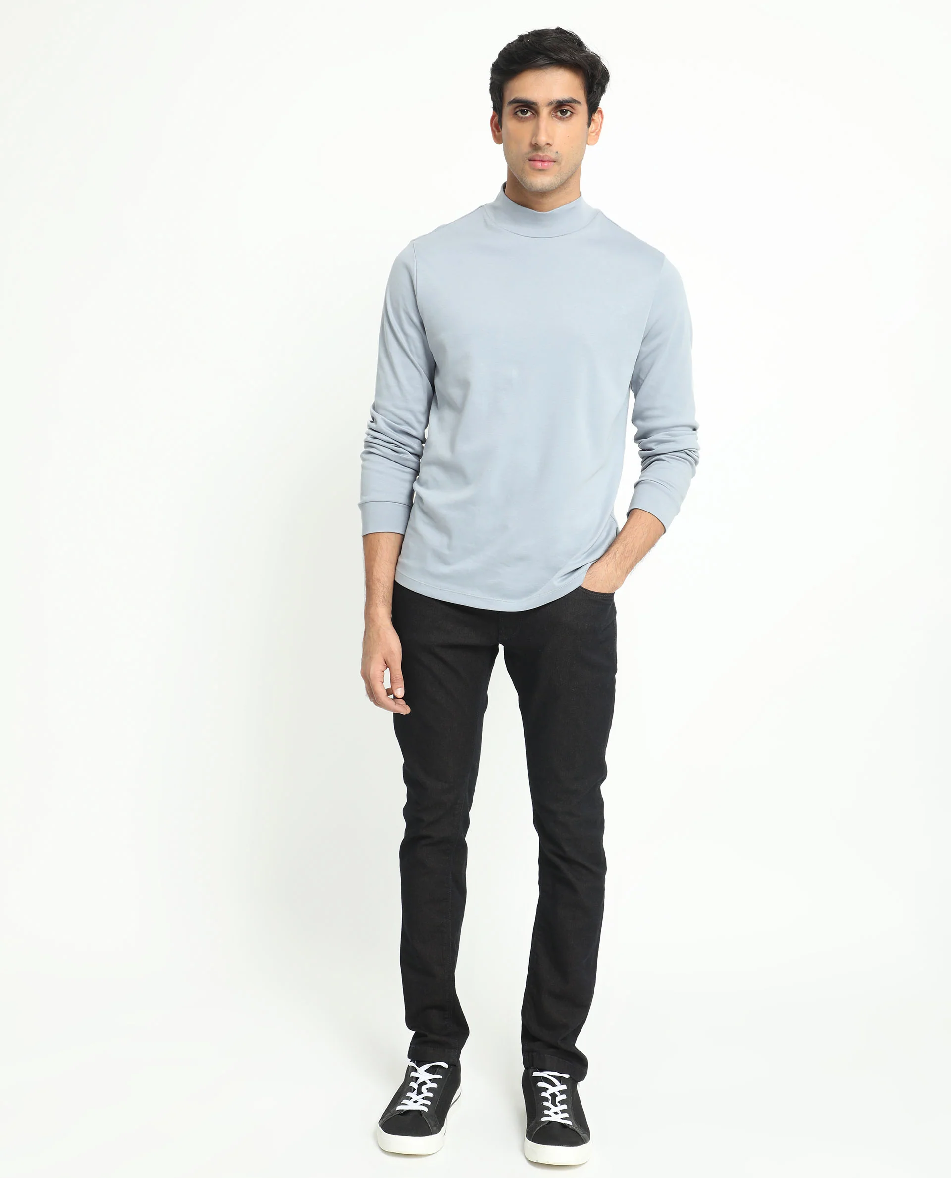 Rare Rabbit Men's Mania Blue Cotton Regular Fit Full Sleeve High Neck Sweatshirt - Image 4