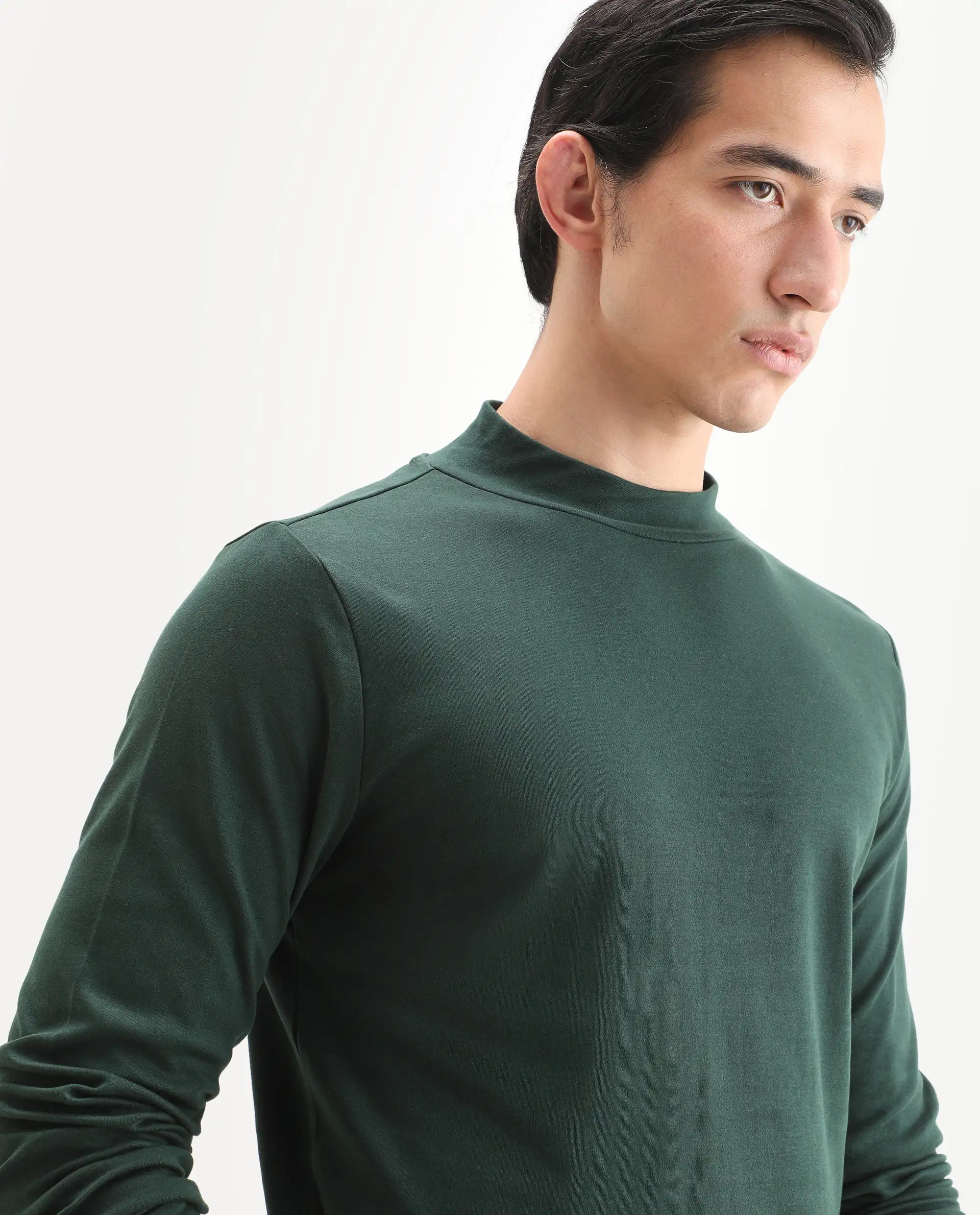Rare Rabbit Men's Mania Green Cotton Plain Regular Fit Full Sleeve High Neck Sweatshirt - Image 3