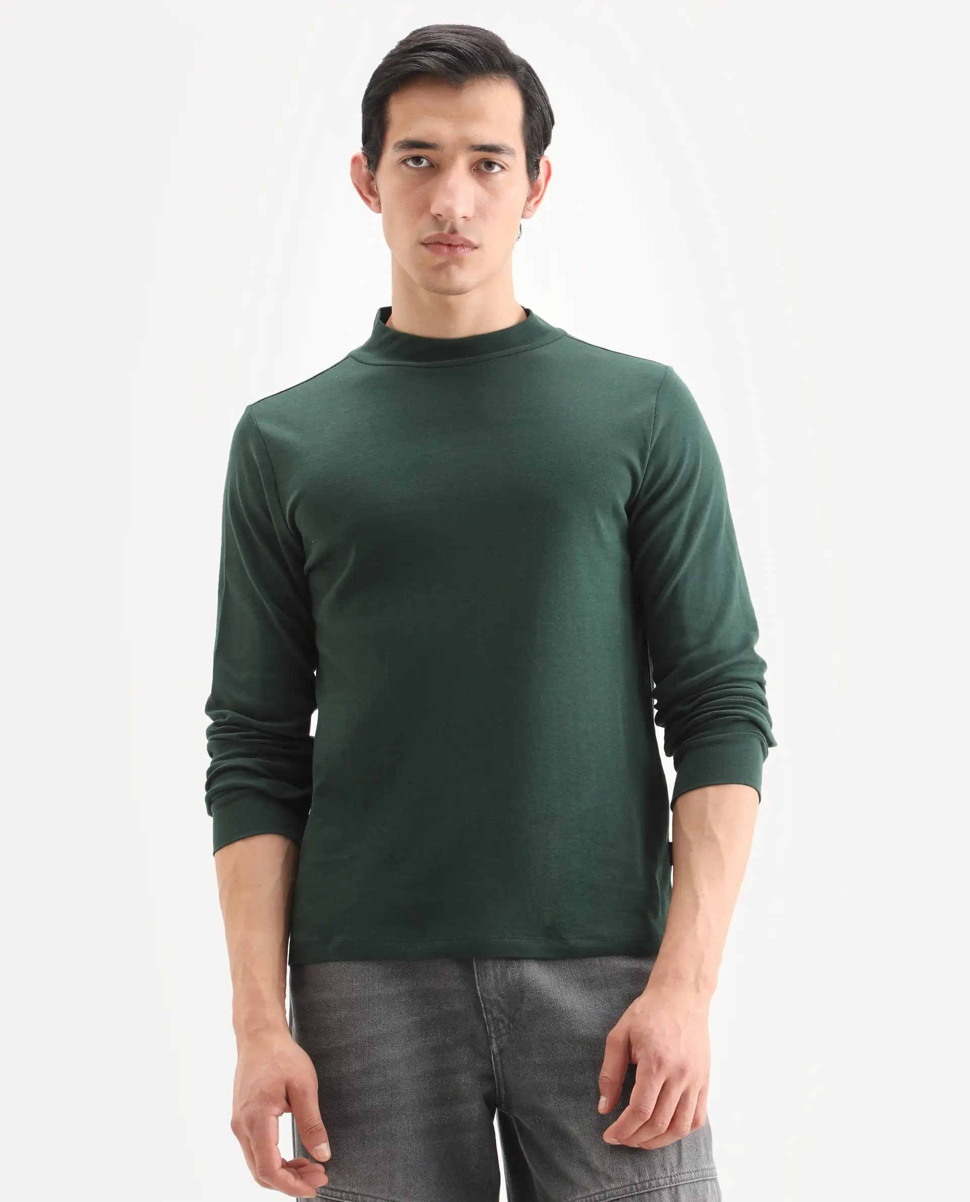 Rare Rabbit Men's Mania Green Cotton Plain Regular Fit Full Sleeve High Neck Sweatshirt - Image 4