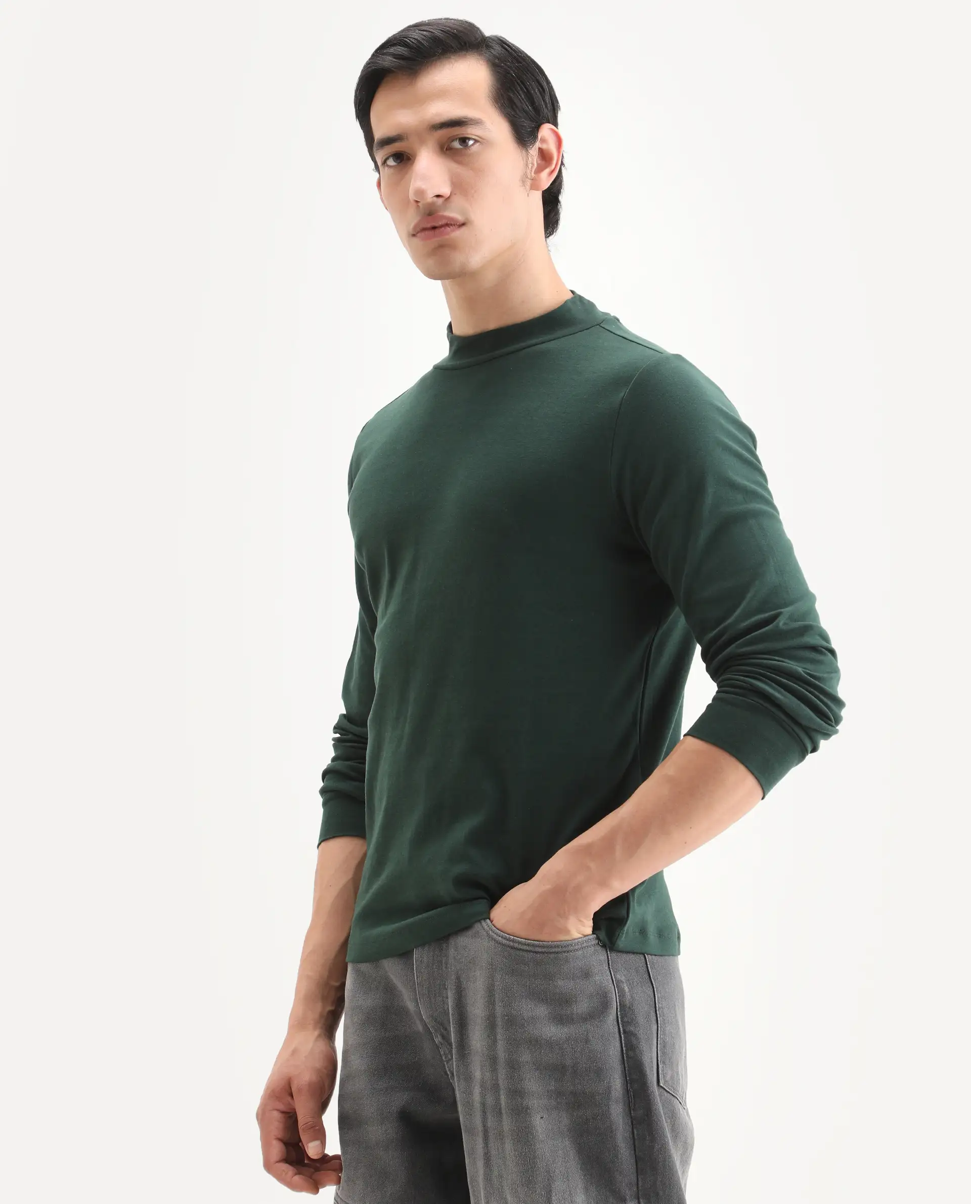 Rare Rabbit Men's Mania Green Cotton Plain Regular Fit Full Sleeve High Neck Sweatshirt - Image 5