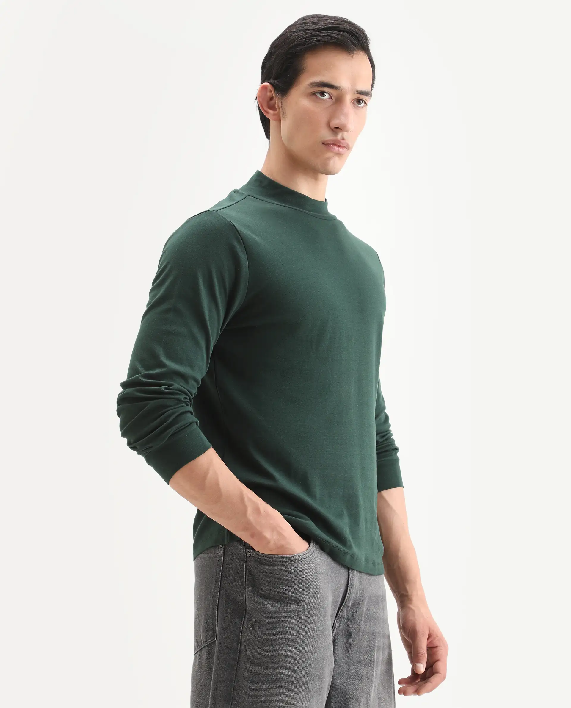 Rare Rabbit Men's Mania Green Cotton Plain Regular Fit Full Sleeve High Neck Sweatshirt - Image 6