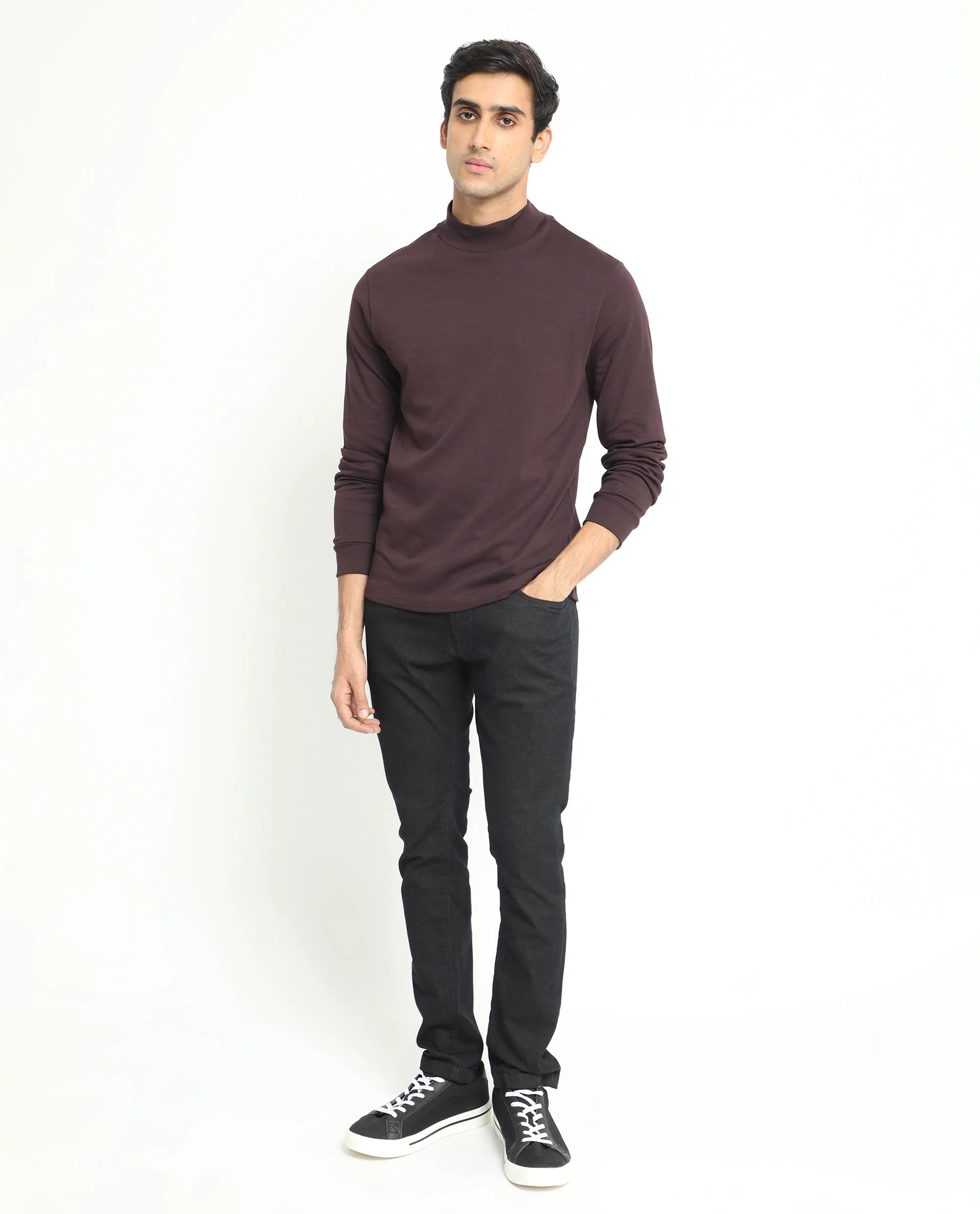 Rare Rabbit Men's Mania Maroon Cotton Plain Regular Fit Full Sleeve High Neck Sweatshirt - Image 2