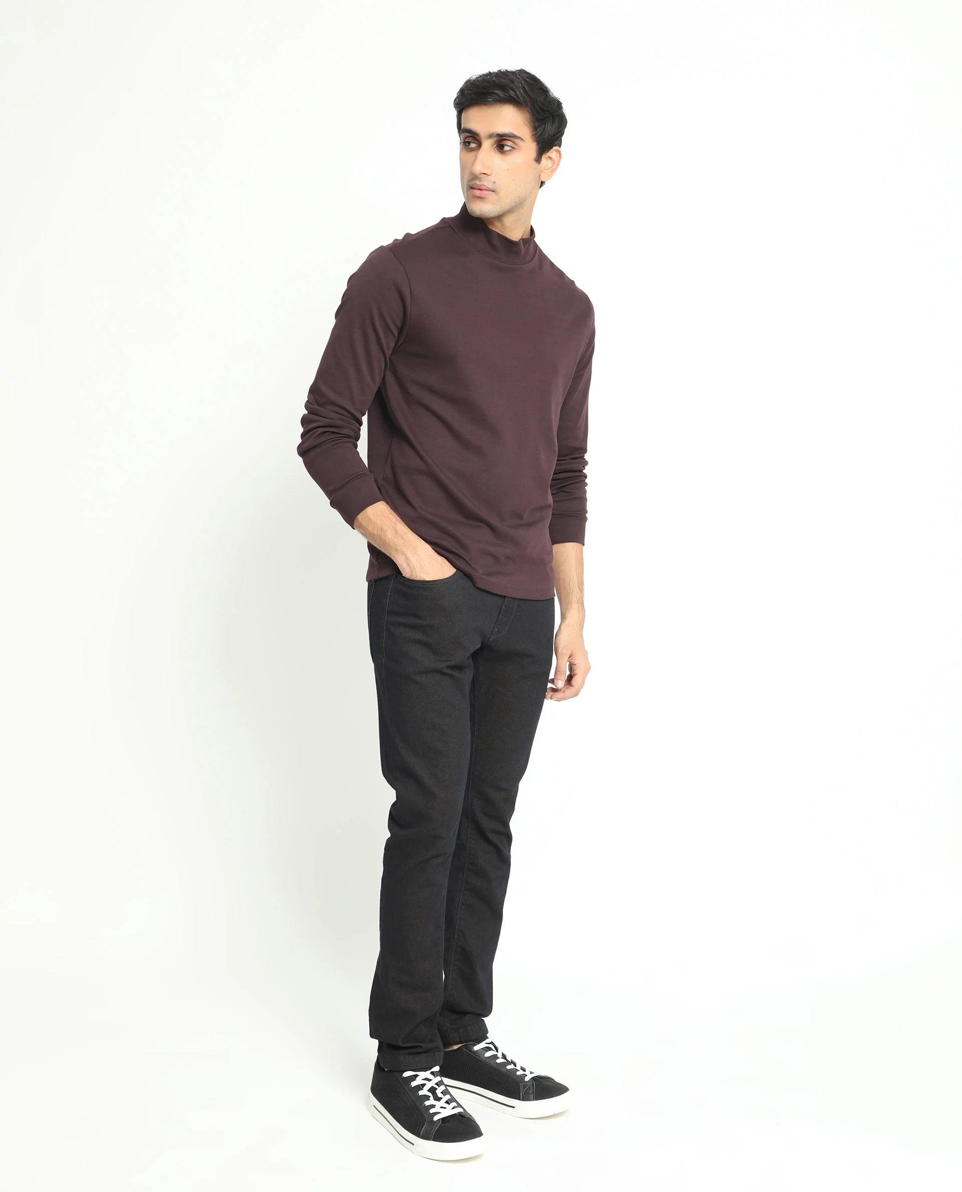Rare Rabbit Men's Mania Maroon Cotton Plain Regular Fit Full Sleeve High Neck Sweatshirt - Image 3