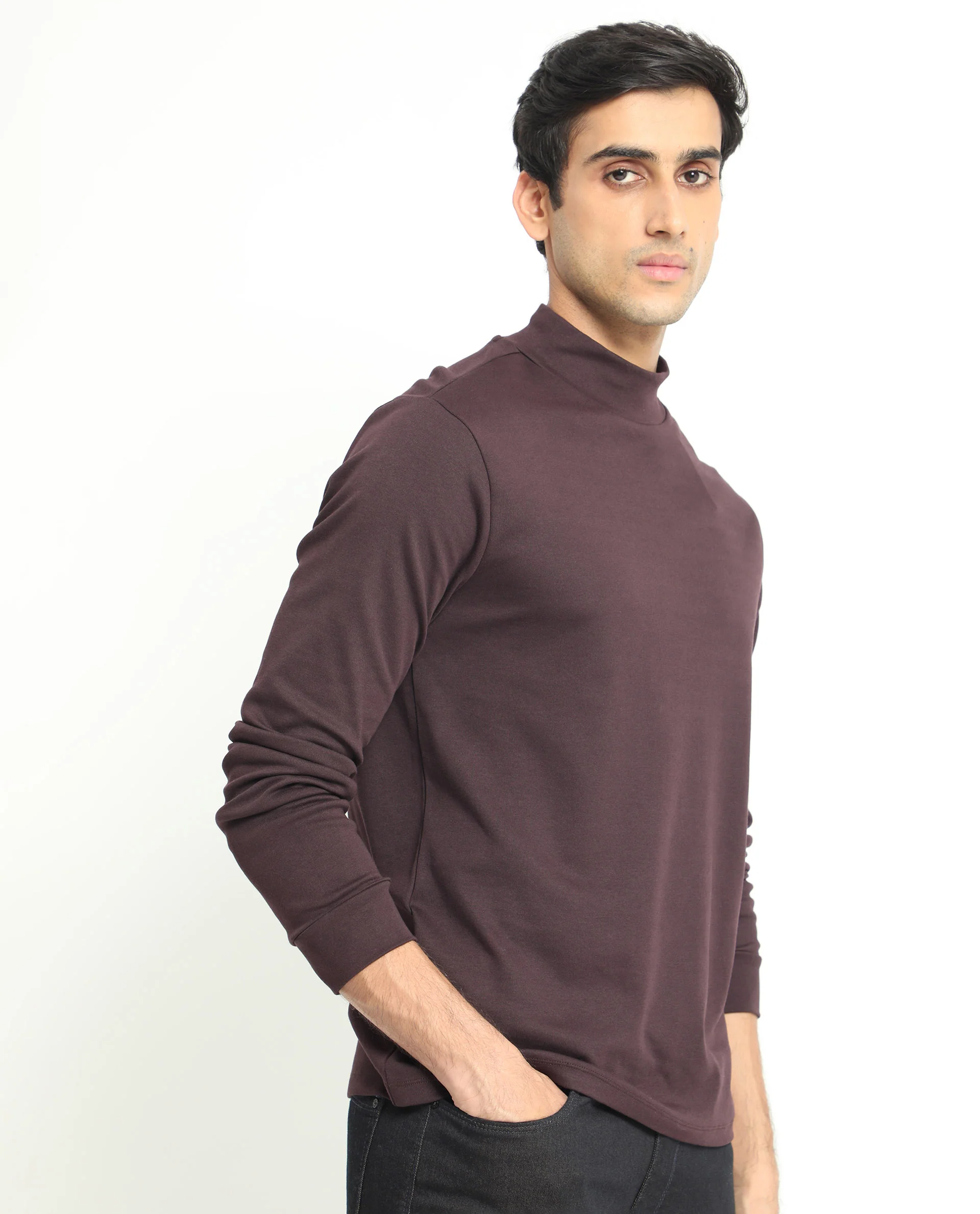 Rare Rabbit Men's Mania Maroon Cotton Plain Regular Fit Full Sleeve High Neck Sweatshirt - Image 6