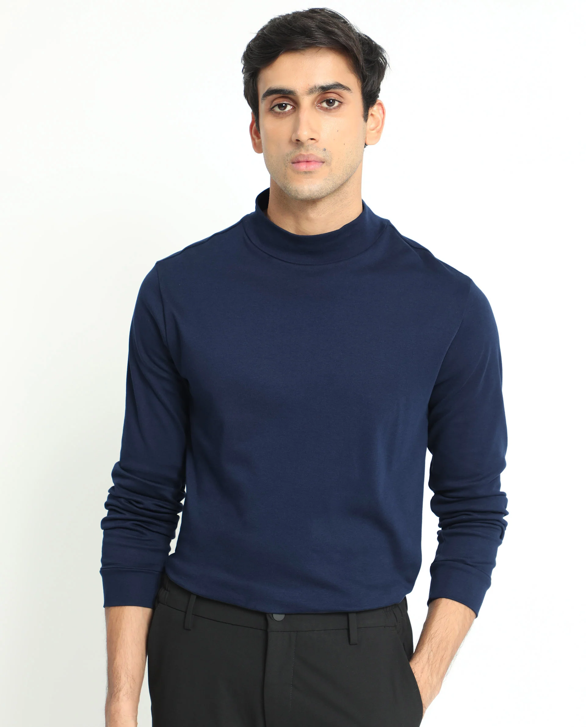 Rare Rabbit Men's Mania Navy Cotton Plain Regular Fit Full Sleeve High Neck Sweatshirt