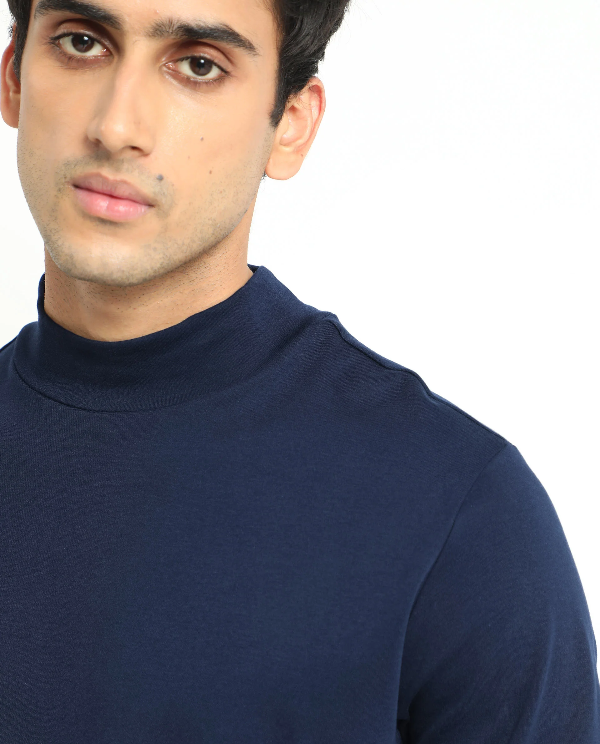 Rare Rabbit Men's Mania Navy Cotton Plain Regular Fit Full Sleeve High Neck Sweatshirt - Image 2