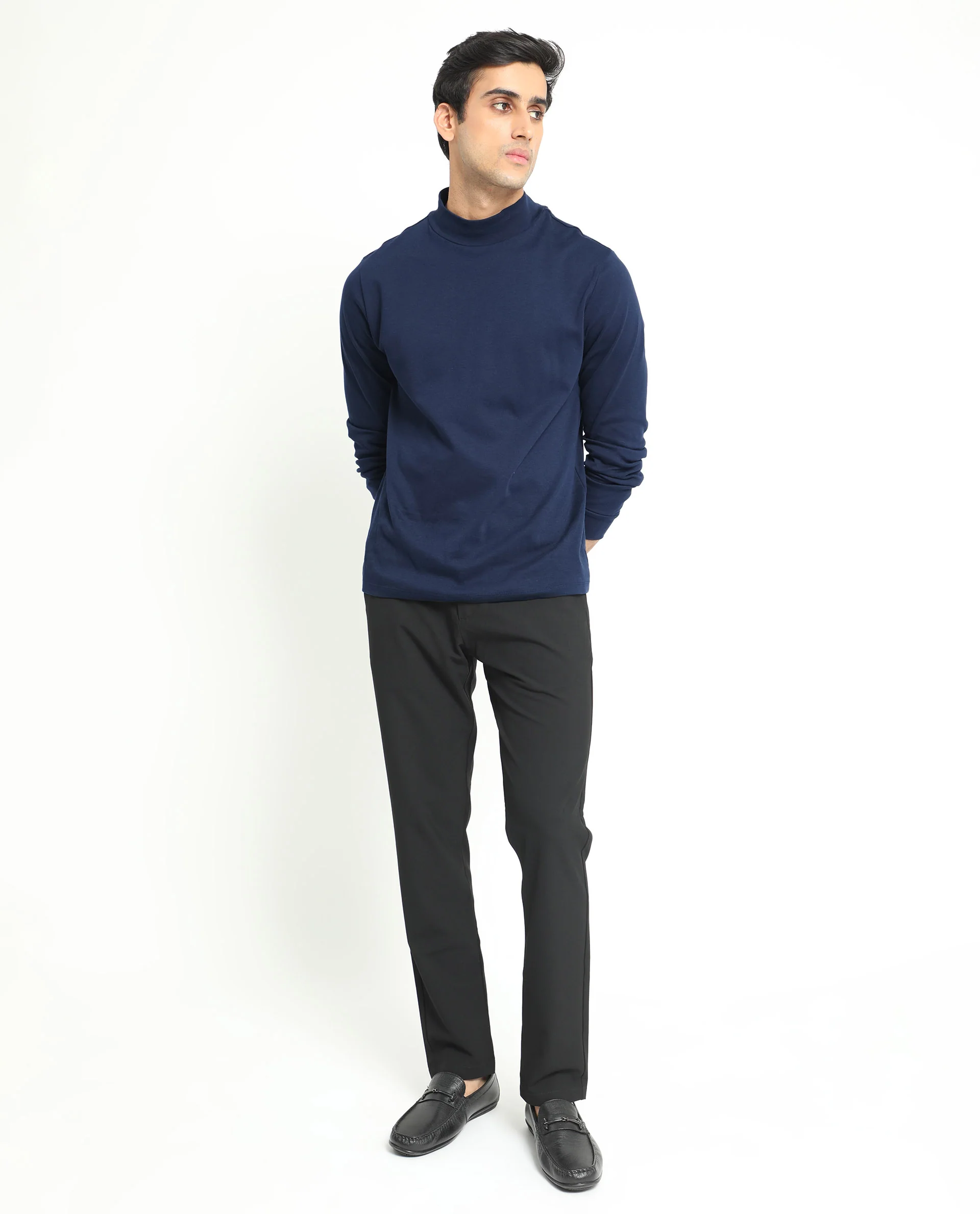 Rare Rabbit Men's Mania Navy Cotton Plain Regular Fit Full Sleeve High Neck Sweatshirt - Image 3