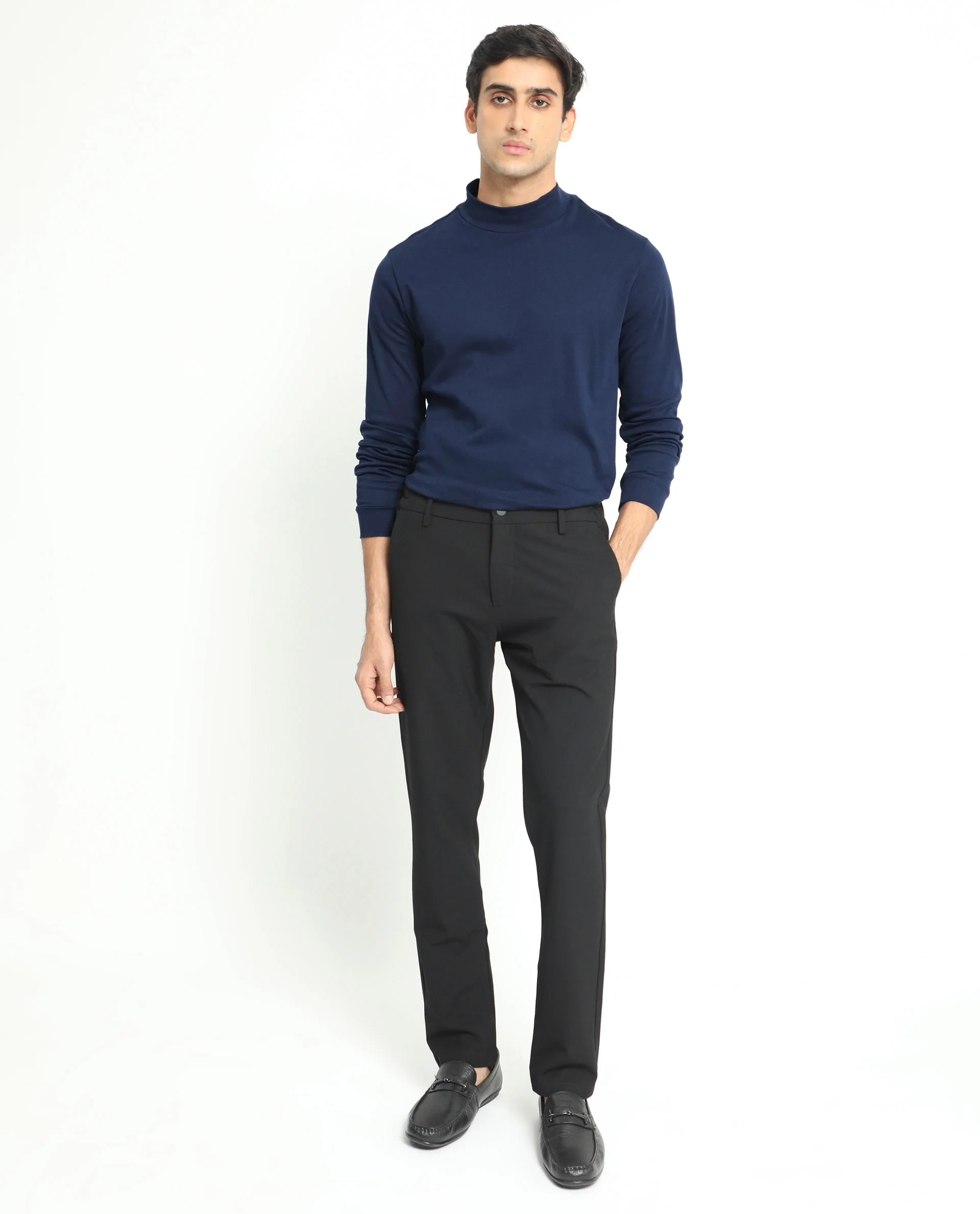 Rare Rabbit Men's Mania Navy Cotton Plain Regular Fit Full Sleeve High Neck Sweatshirt - Image 4