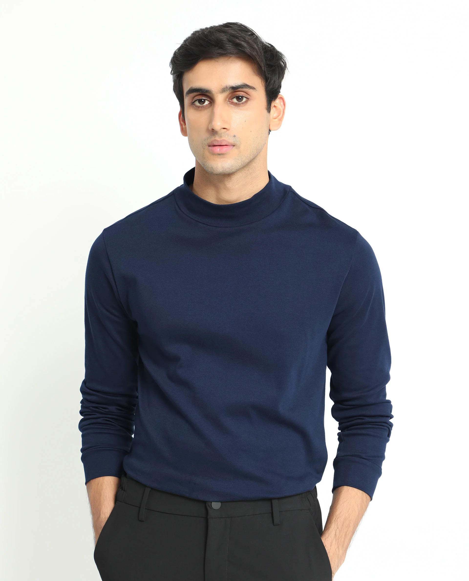 Rare Rabbit Men's Mania Navy Cotton Plain Regular Fit Full Sleeve High Neck Sweatshirt - Image 5
