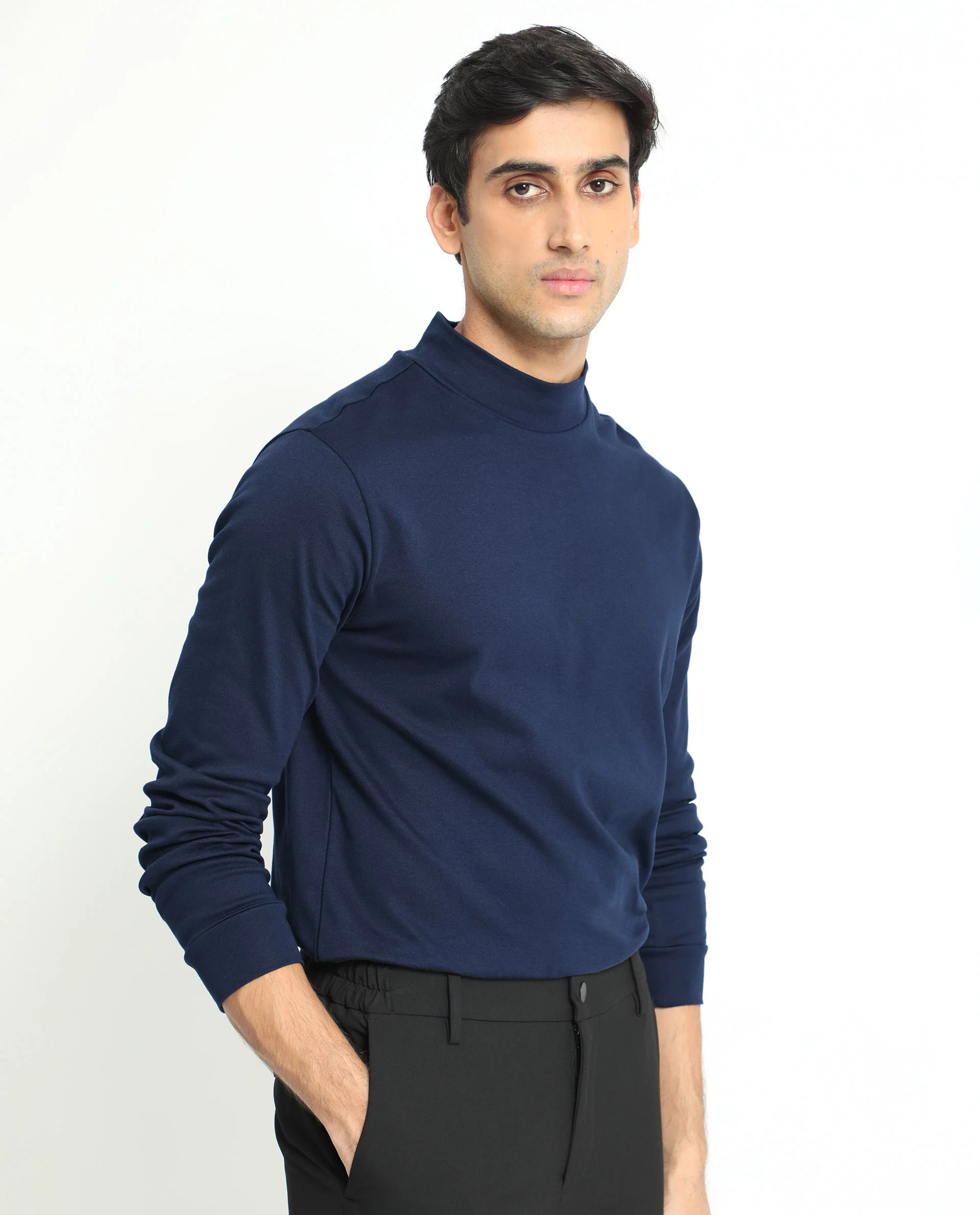 Rare Rabbit Men's Mania Navy Cotton Plain Regular Fit Full Sleeve High Neck Sweatshirt - Image 6