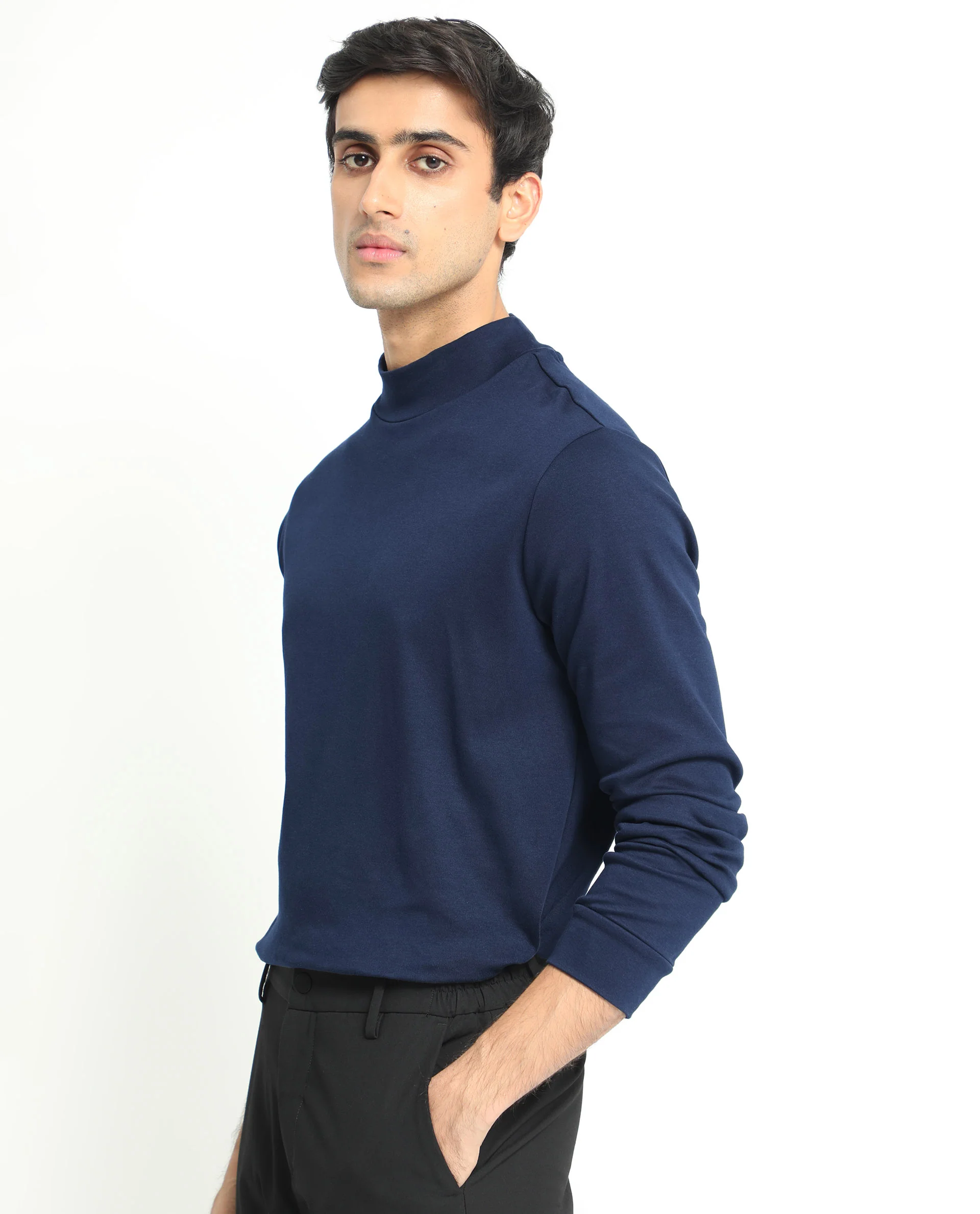 Rare Rabbit Men's Mania Navy Cotton Plain Regular Fit Full Sleeve High Neck Sweatshirt - Image 7