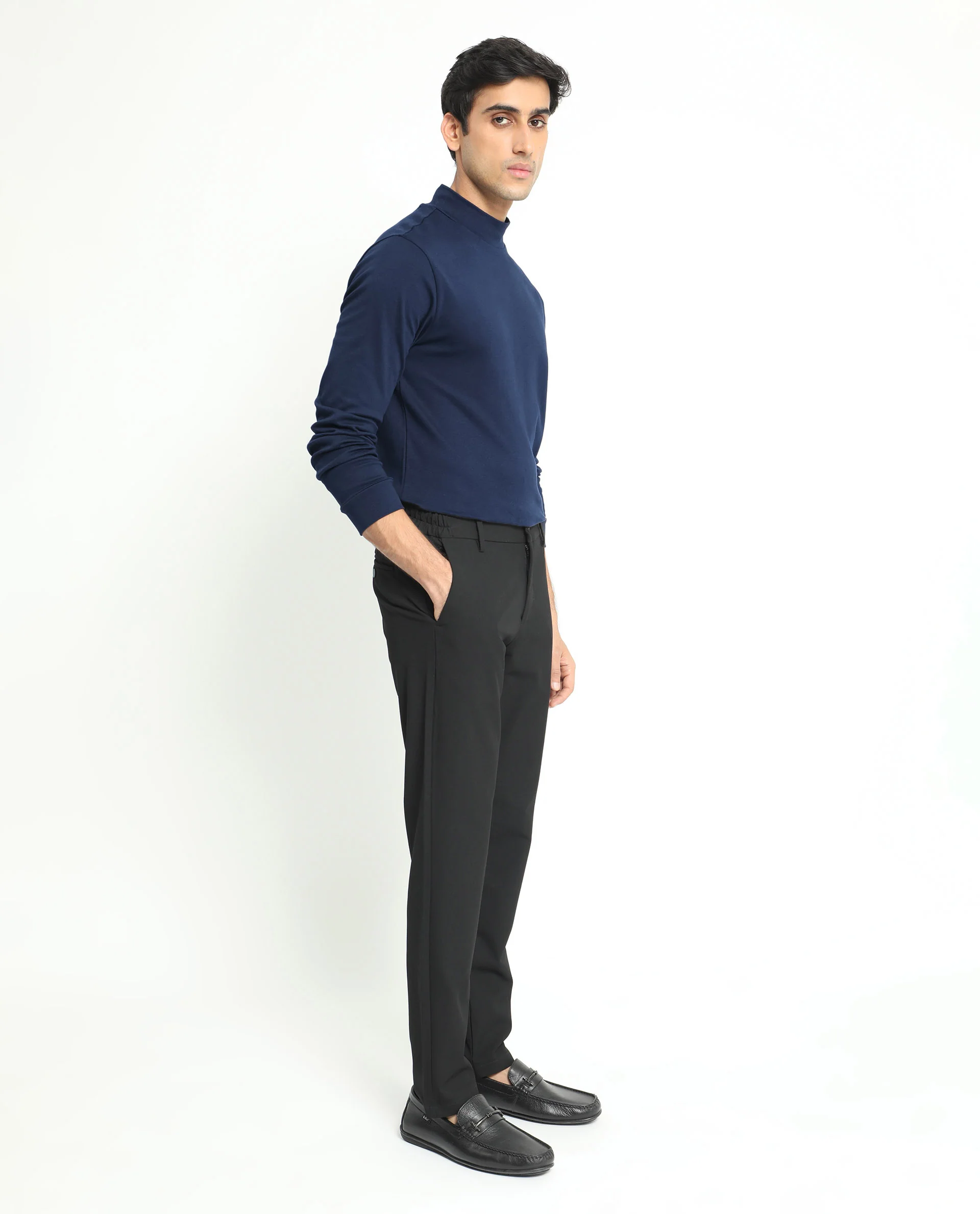 Rare Rabbit Men's Mania Navy Cotton Plain Regular Fit Full Sleeve High Neck Sweatshirt - Image 8