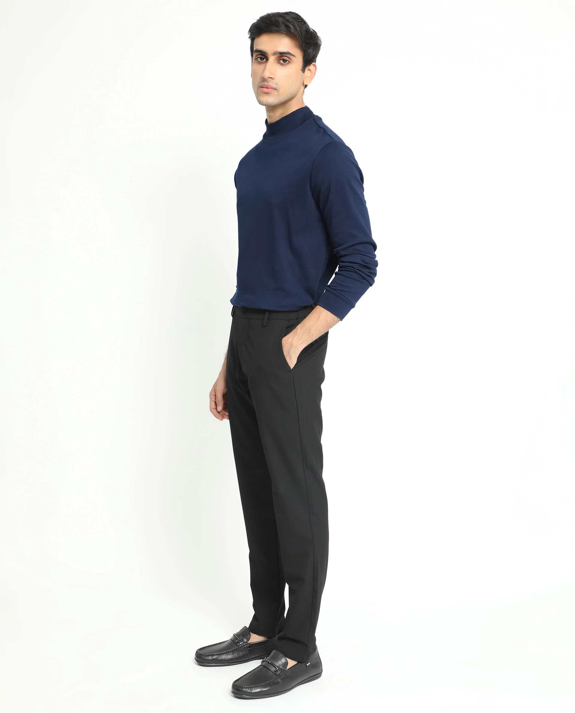 Rare Rabbit Men's Mania Navy Cotton Plain Regular Fit Full Sleeve High Neck Sweatshirt - Image 9
