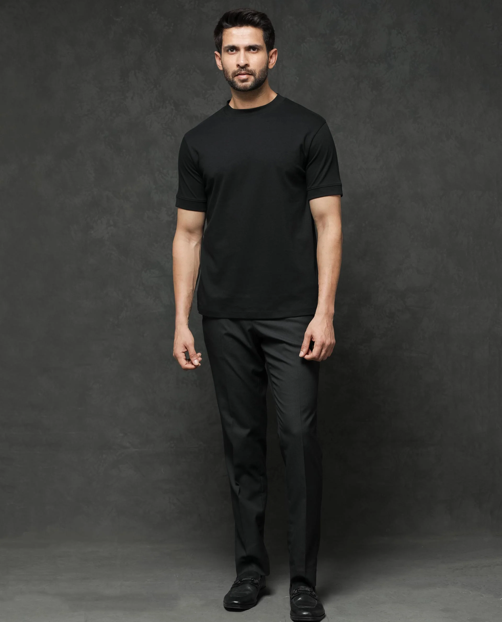 Rare Rabbit Men's Guild Casual Mano Black Cotton Plain Slim Fit Half Sleeve Crew Neck T-Shirt - Image 3