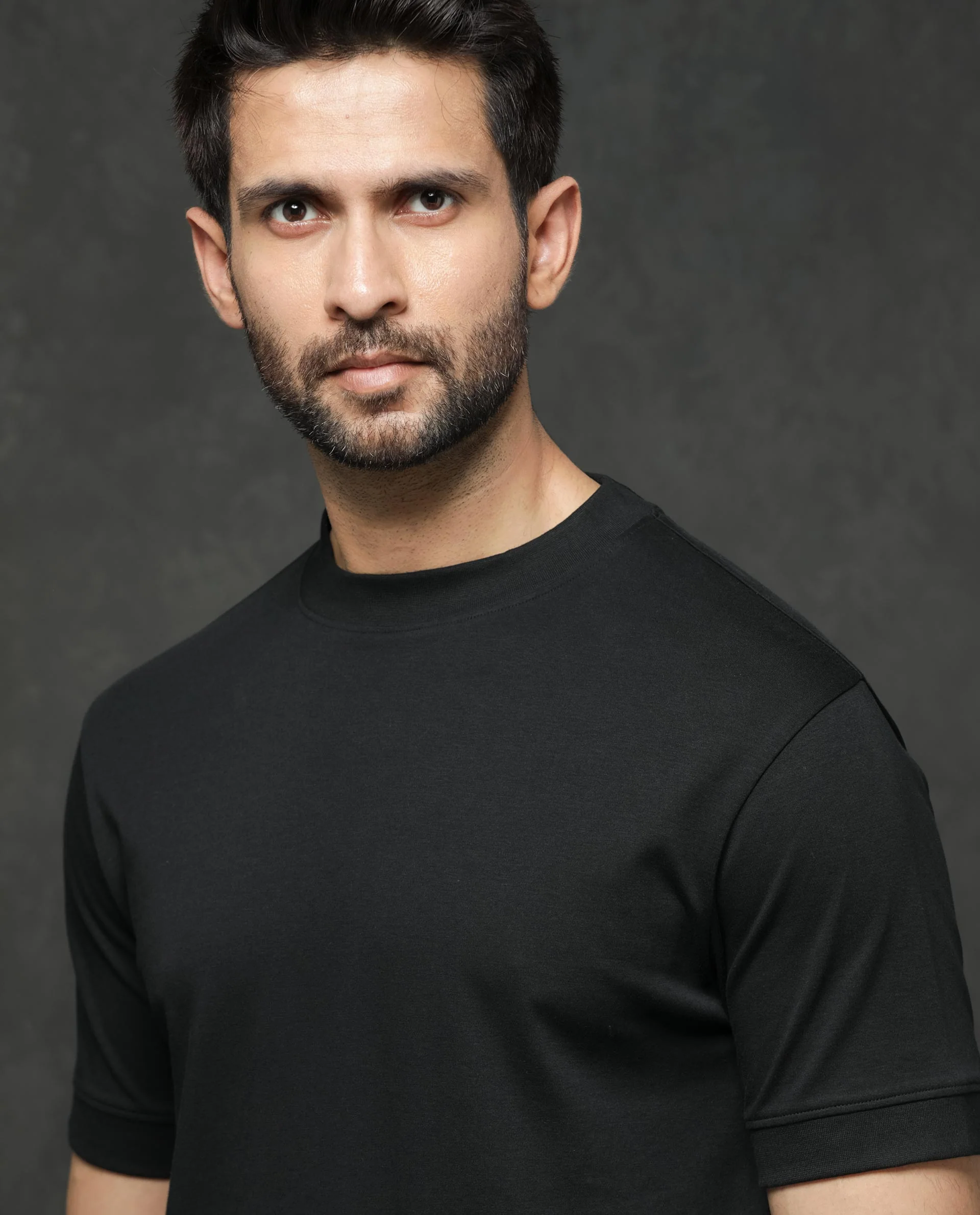 Rare Rabbit Men's Guild Casual Mano Black Cotton Plain Slim Fit Half Sleeve Crew Neck T-Shirt - Image 4